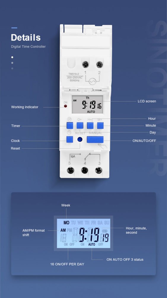 Sinometer TM919A Timer Switch | 16A, 3500W | Weekly Programmable for Streetlights, Automation, Lights | DIN Rail Mount 5 Buy best Sinometer AC Digital Timer Switch 220 230V 16A 7 Days Programmable Weekly 24hours Digital Lights Timer Switch For Lighting Irrigation Automation 7 products price in Kenya Lumen Vault products price in Kenya Lumen Vault Automate your home or office with the SINOTIMER TM919A Weekly Programmable DIN Rail Timer Switch. This versatile switch allows you to schedule on/off times for appliances and lights with daily or weekly programs, featuring 16 ON/OFF settings per day and 15 weekly combinations. Its compact design is ideal for DIN rail mounting, making it perfect for streetlights, lighting, and irrigation automation. It also includes a countdown function and memory backup for power outages.
๐ ๏ธKey Features: โ
16 ON/OFF programs per day
โ
15 weekly combinations
โ
24 hours / 7 days a week programmability
โ
Countdown function (max 24 hours)
โ
Clock display (12hr/24hr format)
โ
Easy-to-read LCD and LED indicators
โ
Built-in rechargeable battery for memory backup
โ
DIN rail mounting for easy installation
โ
Supports 3500 Watt / 16 Amps โฌ๏ธSCROLL DOWN TO SEE DESCRIPTIONโฌ๏ธ