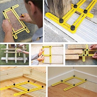 Angle-izer tool measuring precise angles for bathroom tile layout, ideal for DIY home renovations.
