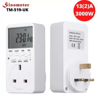 Sinometer TM519-UK digital timer socket automating aquarium lights with weekly schedules in home setup.
