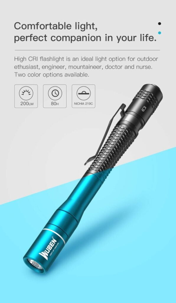 WUBEN E19 Pen Light: 200LM High CRI LED for Dentists, Nurses, Doctors, Eye Inspection, Aluminum, Waterproof 7 200lm WUBEN E19 LED Pen Light High CRI Waterproof Diagnosis Penlight Flashlight Lumen torch for dentistnursesdoctorsmedics eyeearsteeth inspection 3 The WUBEN E19 is a versatile pen flashlight designed for precise visual tasks. Featuring a high CRI LED and multiple lighting modes, it's ideal for medical professionals, mechanics, and general use. This durable, waterproof light is perfect for detailed inspections, camping, hiking, security, emergency situations, and general household tasks.
๐ ๏ธKey Features: โ
Utilises 1x NICHIA 219C high CRI LED
โ
High Colour Rendering (CRI > 90)
โ
4000K Colour Temperature
โ
Up to 200 Lumens Output
โ
Powered by 2x AAA batteries (included)
โ
4 Lighting Modes (Eco, Low, Med, High) plus SOS
โ
IP68 Waterproof Rating
โ
1.5 meters Impact Resistance
โ
Machined aerospace grade 6061 aluminum alloy body
โ
Solid plastic tail switch for easy operation โฌ๏ธSCROLL DOWN TO SEE DESCRIPTIONโฌ๏ธ