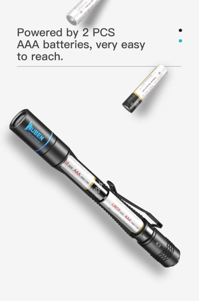 WUBEN E19 Pen Light: 200LM High CRI LED for Dentists, Nurses, Doctors, Eye Inspection, Aluminum, Waterproof 6 200lm WUBEN E19 LED Pen Light High CRI Waterproof Diagnosis Penlight Flashlight Lumen torch for dentistnursesdoctorsmedics eyeearsteeth inspection 5 The WUBEN E19 is a versatile pen flashlight designed for precise visual tasks. Featuring a high CRI LED and multiple lighting modes, it's ideal for medical professionals, mechanics, and general use. This durable, waterproof light is perfect for detailed inspections, camping, hiking, security, emergency situations, and general household tasks.
๐ ๏ธKey Features: โ
Utilises 1x NICHIA 219C high CRI LED
โ
High Colour Rendering (CRI > 90)
โ
4000K Colour Temperature
โ
Up to 200 Lumens Output
โ
Powered by 2x AAA batteries (included)
โ
4 Lighting Modes (Eco, Low, Med, High) plus SOS
โ
IP68 Waterproof Rating
โ
1.5 meters Impact Resistance
โ
Machined aerospace grade 6061 aluminum alloy body
โ
Solid plastic tail switch for easy operation โฌ๏ธSCROLL DOWN TO SEE DESCRIPTIONโฌ๏ธ