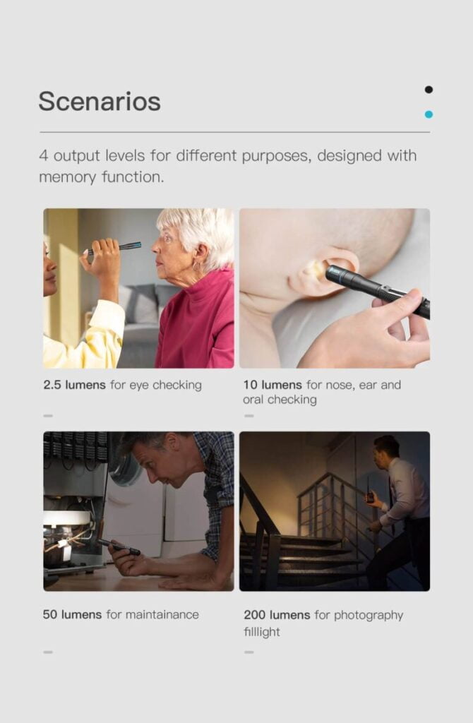 WUBEN E19 Pen Light: 200LM High CRI LED for Dentists, Nurses, Doctors, Eye Inspection, Aluminum, Waterproof 3 200lm WUBEN E19 LED Pen Light High CRI Waterproof Diagnosis Penlight Flashlight Lumen torch for dentistnursesdoctorsmedics eyeearsteeth inspection 7 The WUBEN E19 is a versatile pen flashlight designed for precise visual tasks. Featuring a high CRI LED and multiple lighting modes, it's ideal for medical professionals, mechanics, and general use. This durable, waterproof light is perfect for detailed inspections, camping, hiking, security, emergency situations, and general household tasks.
๐ ๏ธKey Features: โ
Utilises 1x NICHIA 219C high CRI LED
โ
High Colour Rendering (CRI > 90)
โ
4000K Colour Temperature
โ
Up to 200 Lumens Output
โ
Powered by 2x AAA batteries (included)
โ
4 Lighting Modes (Eco, Low, Med, High) plus SOS
โ
IP68 Waterproof Rating
โ
1.5 meters Impact Resistance
โ
Machined aerospace grade 6061 aluminum alloy body
โ
Solid plastic tail switch for easy operation โฌ๏ธSCROLL DOWN TO SEE DESCRIPTIONโฌ๏ธ