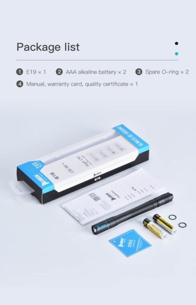 WUBEN E19 Pen Light: 200LM High CRI LED for Dentists, Nurses, Doctors, Eye Inspection, Aluminum, Waterproof 12 200lm WUBEN E19 LED Pen Light High CRI Waterproof Diagnosis Penlight Flashlight Lumen torch for dentistnursesdoctorsmedics eyeearsteeth inspection 8 The WUBEN E19 is a versatile pen flashlight designed for precise visual tasks. Featuring a high CRI LED and multiple lighting modes, it's ideal for medical professionals, mechanics, and general use. This durable, waterproof light is perfect for detailed inspections, camping, hiking, security, emergency situations, and general household tasks.
๐ ๏ธKey Features: โ
Utilises 1x NICHIA 219C high CRI LED
โ
High Colour Rendering (CRI > 90)
โ
4000K Colour Temperature
โ
Up to 200 Lumens Output
โ
Powered by 2x AAA batteries (included)
โ
4 Lighting Modes (Eco, Low, Med, High) plus SOS
โ
IP68 Waterproof Rating
โ
1.5 meters Impact Resistance
โ
Machined aerospace grade 6061 aluminum alloy body
โ
Solid plastic tail switch for easy operation โฌ๏ธSCROLL DOWN TO SEE DESCRIPTIONโฌ๏ธ