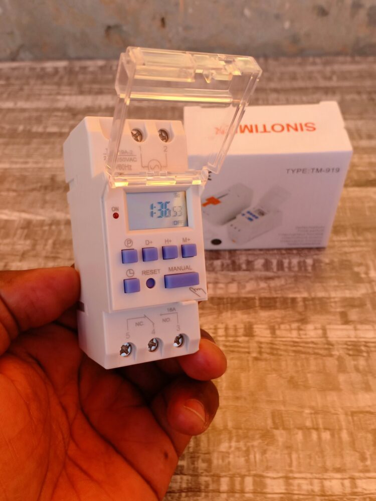 Sinometer TM919A Timer Switch | 16A, 3500W | Weekly Programmable for Streetlights, Automation, Lights | DIN Rail Mount 2 Buy best Sinometer AC Digital Timer Switch 220 230V 16A 7 Days Programmable Weekly 24hours Digital Lights Timer Switch For Lighting Irrigation Automation 4 scaled products price in Kenya Lumen Vault products price in Kenya Lumen Vault Automate your home or office with the SINOTIMER TM919A Weekly Programmable DIN Rail Timer Switch. This versatile switch allows you to schedule on/off times for appliances and lights with daily or weekly programs, featuring 16 ON/OFF settings per day and 15 weekly combinations. Its compact design is ideal for DIN rail mounting, making it perfect for streetlights, lighting, and irrigation automation. It also includes a countdown function and memory backup for power outages.
๐ ๏ธKey Features: โ
16 ON/OFF programs per day
โ
15 weekly combinations
โ
24 hours / 7 days a week programmability
โ
Countdown function (max 24 hours)
โ
Clock display (12hr/24hr format)
โ
Easy-to-read LCD and LED indicators
โ
Built-in rechargeable battery for memory backup
โ
DIN rail mounting for easy installation
โ
Supports 3500 Watt / 16 Amps โฌ๏ธSCROLL DOWN TO SEE DESCRIPTIONโฌ๏ธ