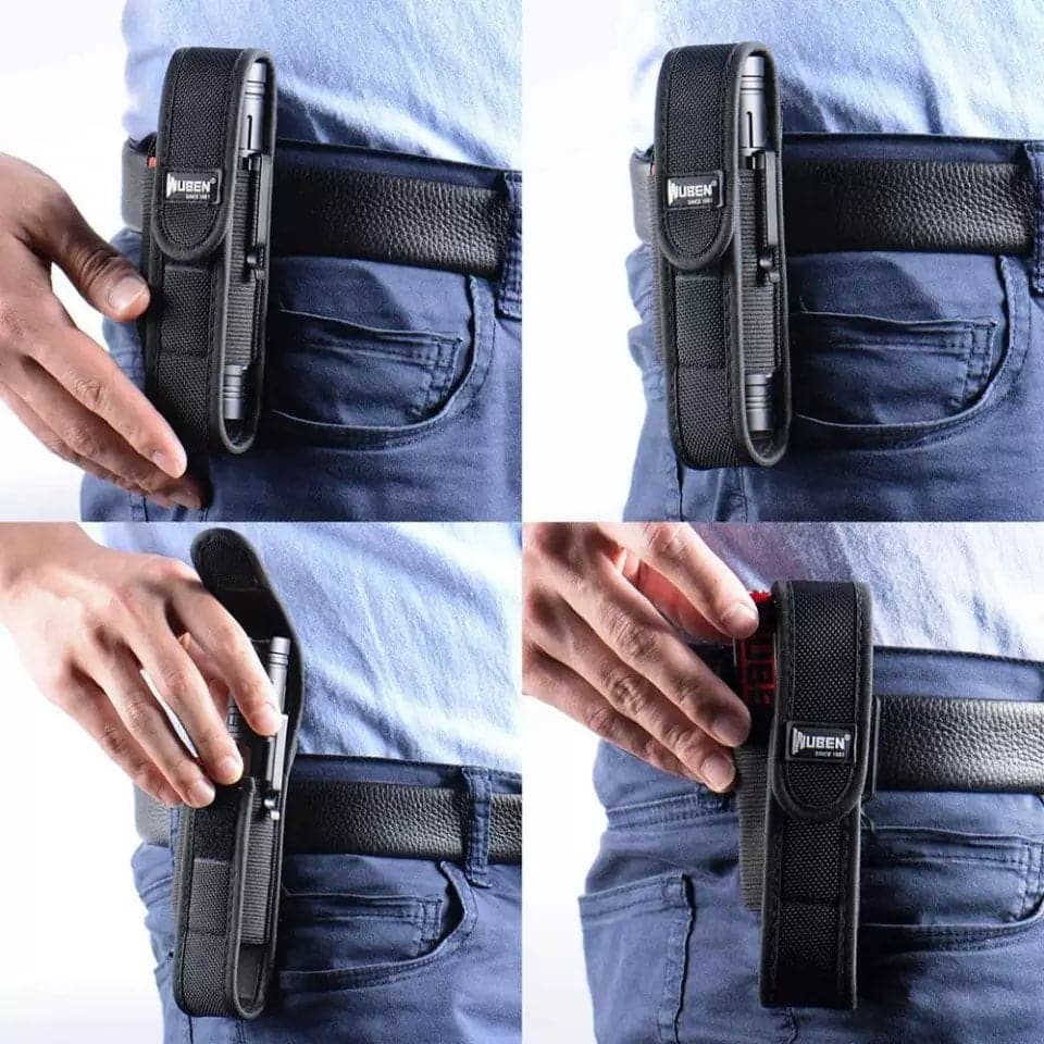 Adjustable WUBEN AS6 Holster for Camping WUBEN AS6 nylon holster for camping, securely holding flashlight with adjustable strap in forest trail.