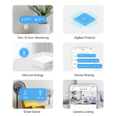 SONOFF SNZB-02 Zigbee sensor monitoring real-time temperature in living room for smart climate control with Alexa.