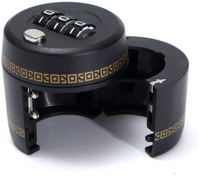 Resettable 3-digit combo lock securing wine bottle at home bar for anti-theft protection.
