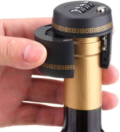 Wine bottle lock with resettable 3-digit combo for home wine security, preventing unauthorized access in family settings.