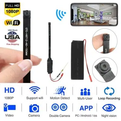 Compact micro nanny spy camera for discreet baby room monitoring with Wi-Fi live streaming and audio recording.