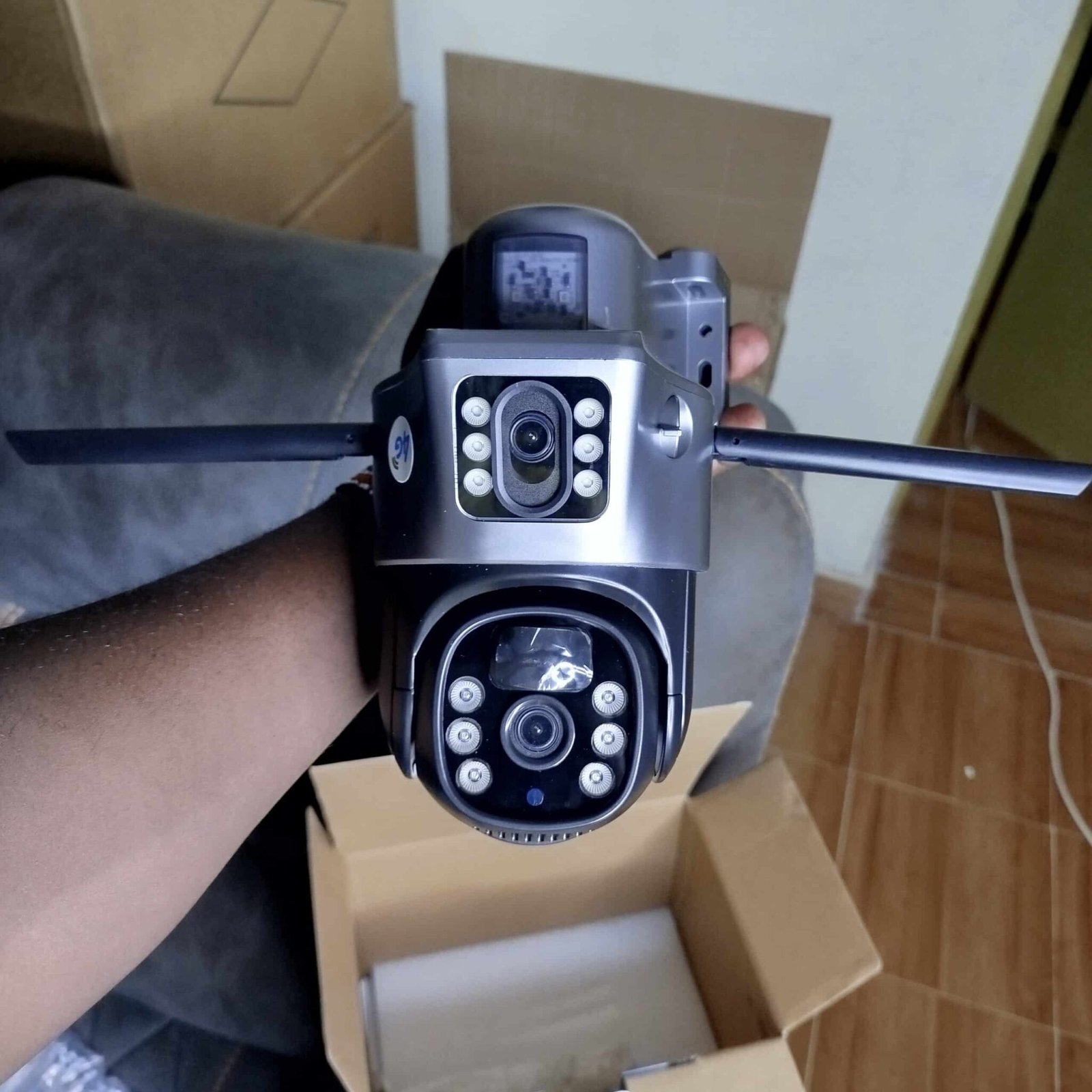 1712326638653 scaled scaled Monitor your property without Wi-Fi or KPLC power using this 4G solar-powered CCTV camera. It features dual 4MP lenses, one with adjustable focus and the other with automatic tracking, providing comprehensive coverage. With infrared and full-color night vision, PIR motion detection, and two-way communication, it ensures clear surveillance day and night. Ideal for remote locations, farms, and construction sites, it offers easy remote access via the V380 Pro app and robust IP66 waterproofing. This camera is made of durable waterproof material and is perfect for farms, construction sites, remote homes, and large estates. 🛠️Key Features: ✅ Dual 4MP lenses for simultaneous monitoring✅ 4G GSM connectivity; requires SIM card (e.g., Safaricom, Airtel)✅ Solar-powered with a 10000mAh internal battery✅ Remote access and control via V380 Pro App✅ 360° horizontal and 90° vertical PTZ rotation (lower lens)✅ Infrared and full-color night vision up to 20m✅ PIR motion detection with tracking and audio alarm✅ IP66 waterproof rating for outdoor use✅ Two-way audio communication✅ Supports micro SD card up to 128GB (not included) ⬇️SCROLL DOWN TO SEE DESCRIPTION⬇️