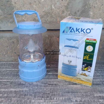 AKKO HK270A camping lamp lighting a tent during nighttime adventures, with 25-hour runtime for extended outdoor trips.