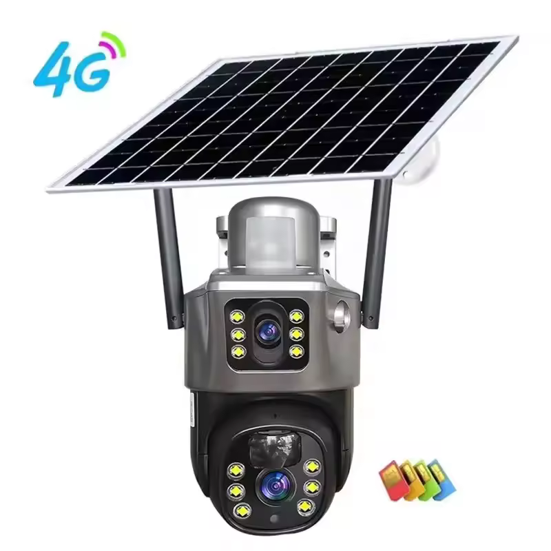 Dual Lens 4G Solar Camera for Nairobi Security 4G solar camera with dual lenses monitoring home entrance in Nairobi, Kenya, ideal for remote security via V380 Pro app.