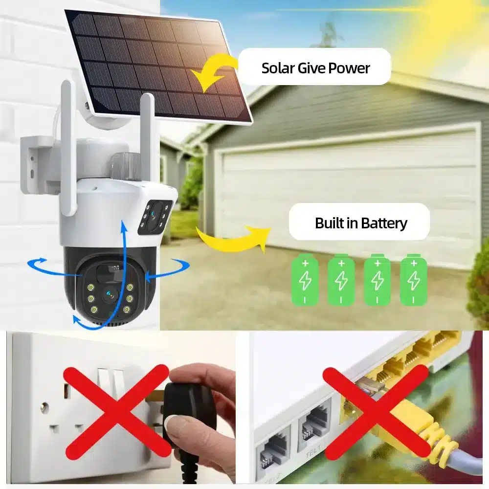 4G Solar Camera DUAL Lens - 4MP CCTV, V380 Pro App, Outdoor Security, SIM Slot, Night Vision 10 S7225fdb79b8e439d90e3a25d850ecdedF Monitor your property without Wi-Fi or KPLC power using this 4G solar-powered CCTV camera. It features dual 4MP lenses, one with adjustable focus and the other with automatic tracking, providing comprehensive coverage. With infrared and full-color night vision, PIR motion detection, and two-way communication, it ensures clear surveillance day and night. Ideal for remote locations, farms, and construction sites, it offers easy remote access via the V380 Pro app and robust IP66 waterproofing. This camera is made of durable waterproof material and is perfect for farms, construction sites, remote homes, and large estates. 🛠️Key Features: ✅ Dual 4MP lenses for simultaneous monitoring✅ 4G GSM connectivity; requires SIM card (e.g., Safaricom, Airtel)✅ Solar-powered with a 10000mAh internal battery✅ Remote access and control via V380 Pro App✅ 360° horizontal and 90° vertical PTZ rotation (lower lens)✅ Infrared and full-color night vision up to 20m✅ PIR motion detection with tracking and audio alarm✅ IP66 waterproof rating for outdoor use✅ Two-way audio communication✅ Supports micro SD card up to 128GB (not included) ⬇️SCROLL DOWN TO SEE DESCRIPTION⬇️