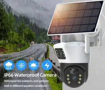 Sde90f9f8cfc440198bec8686e0fe5aeb7 This WiFi solar-powered CCTV camera features dual 4MP lenses for comprehensive surveillance, remotely accessible via the V380 Pro app. It offers advanced features like AI human detection, color night vision, and two-way audio, making it ideal for home or business security. It is also suitable for monitoring remote properties like farms or construction sites. 🛠️Key Features: ✅ Dual 4MP lenses for superior imaging ✅ WiFi connectivity for remote access via V380 Pro App ✅ Full-color and infrared night vision up to 20 meters ✅ 355° horizontal and 90° vertical PTZ rotation ✅ PIR motion detection with tracking and audio alarm ✅ IP66 waterproof rating for outdoor durability ✅ Two-way audio communication ✅ Supports SD card (up to 128GB) and cloud storage ✅ 10000mAh rechargeable battery with 24-28 hours standby ✅ Powered by a free solar panel ⬇️SCROLL DOWN TO SEE DESCRIPTION⬇️