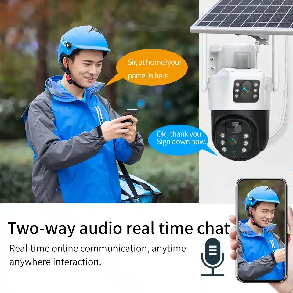 4G Solar Camera DUAL Lens - 4MP CCTV, V380 Pro App, Outdoor Security, SIM Slot, Night Vision 21 Seabf19df1fe84f75b7d1f77798ea6ac16 Monitor your property without Wi-Fi or KPLC power using this 4G solar-powered CCTV camera. It features dual 4MP lenses, one with adjustable focus and the other with automatic tracking, providing comprehensive coverage. With infrared and full-color night vision, PIR motion detection, and two-way communication, it ensures clear surveillance day and night. Ideal for remote locations, farms, and construction sites, it offers easy remote access via the V380 Pro app and robust IP66 waterproofing. This camera is made of durable waterproof material and is perfect for farms, construction sites, remote homes, and large estates. 🛠️Key Features: ✅ Dual 4MP lenses for simultaneous monitoring✅ 4G GSM connectivity; requires SIM card (e.g., Safaricom, Airtel)✅ Solar-powered with a 10000mAh internal battery✅ Remote access and control via V380 Pro App✅ 360° horizontal and 90° vertical PTZ rotation (lower lens)✅ Infrared and full-color night vision up to 20m✅ PIR motion detection with tracking and audio alarm✅ IP66 waterproof rating for outdoor use✅ Two-way audio communication✅ Supports micro SD card up to 128GB (not included) ⬇️SCROLL DOWN TO SEE DESCRIPTION⬇️