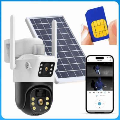 Dual-lens 4G solar CCTV camera monitoring outdoor property in Nairobi, Kenya for enhanced home security.