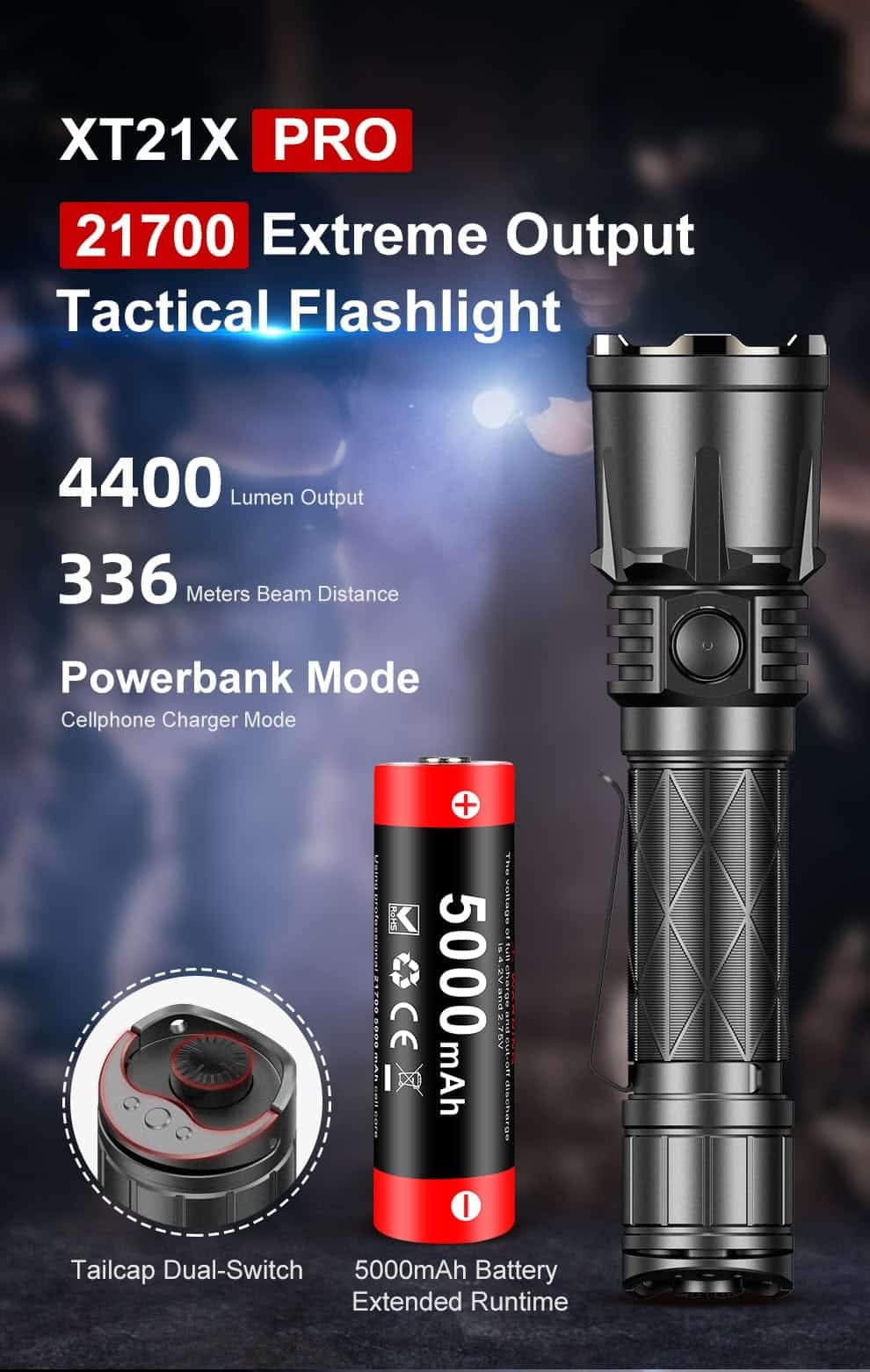 Klarus xt21x flashlight torch 1 The Klarus XT21X PRO is a powerful 4400-lumen tactical flashlight featuring USB-C charging, a 336-meter beam throw, and an emergency power bank function. Its durable aluminum alloy construction and IPX8 water resistance make it suitable for various demanding situations, including night security patrols, outdoor adventures, and emergency preparedness. This flashlight is ideal for law enforcement, military personnel, and anyone needing reliable illumination.
🛠️Key Features: ✅ Ultra-bright 4400-lumen turbo mode
✅ 336-meter beam throw for long-distance visibility
✅ USB-C fast charging and output for power bank functionality
✅ 5 brightness levels including Moonlight, Low, Medium, High, and Turbo
✅ Special modes: Strobe (4400 lumens) and SOS (100 lumens)
✅ Battery level indicator on the side switch (Red, Yellow, Green)
✅ Dual switch control for quick operation
✅ IPX8-rated water resistance (submersible up to 2 meters)
✅ Impact resistance up to 1 meter
✅ Constructed from durable aluminum alloy ⬇️SCROLL DOWN TO SEE DESCRIPTION⬇️