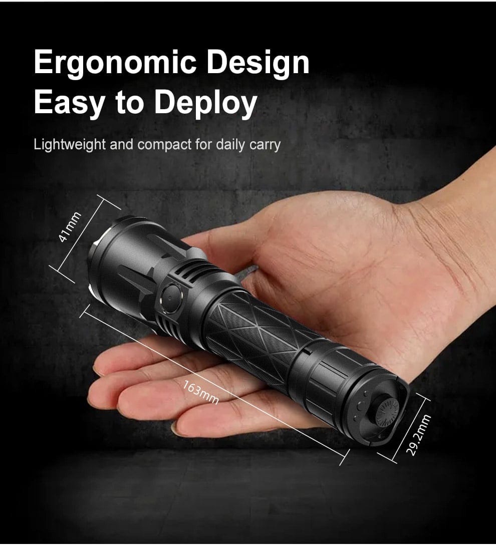Klarus xt21x flashlight torch 14 The Klarus XT21X PRO is a powerful 4400-lumen tactical flashlight featuring USB-C charging, a 336-meter beam throw, and an emergency power bank function. Its durable aluminum alloy construction and IPX8 water resistance make it suitable for various demanding situations, including night security patrols, outdoor adventures, and emergency preparedness. This flashlight is ideal for law enforcement, military personnel, and anyone needing reliable illumination.
🛠️Key Features: ✅ Ultra-bright 4400-lumen turbo mode
✅ 336-meter beam throw for long-distance visibility
✅ USB-C fast charging and output for power bank functionality
✅ 5 brightness levels including Moonlight, Low, Medium, High, and Turbo
✅ Special modes: Strobe (4400 lumens) and SOS (100 lumens)
✅ Battery level indicator on the side switch (Red, Yellow, Green)
✅ Dual switch control for quick operation
✅ IPX8-rated water resistance (submersible up to 2 meters)
✅ Impact resistance up to 1 meter
✅ Constructed from durable aluminum alloy ⬇️SCROLL DOWN TO SEE DESCRIPTION⬇️