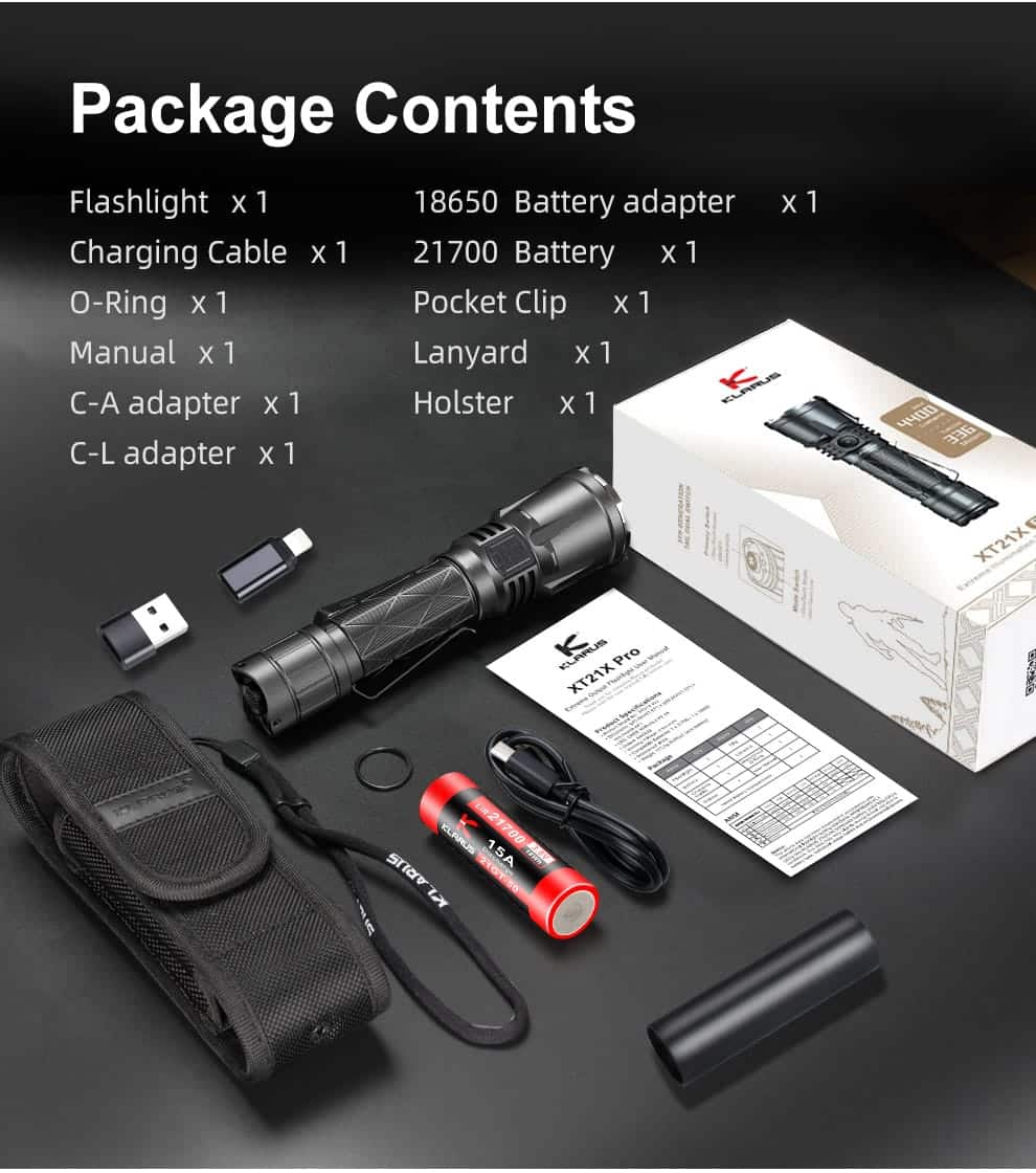 Klarus xt21x flashlight torch 16 The Klarus XT21X PRO is a powerful 4400-lumen tactical flashlight featuring USB-C charging, a 336-meter beam throw, and an emergency power bank function. Its durable aluminum alloy construction and IPX8 water resistance make it suitable for various demanding situations, including night security patrols, outdoor adventures, and emergency preparedness. This flashlight is ideal for law enforcement, military personnel, and anyone needing reliable illumination.
🛠️Key Features: ✅ Ultra-bright 4400-lumen turbo mode
✅ 336-meter beam throw for long-distance visibility
✅ USB-C fast charging and output for power bank functionality
✅ 5 brightness levels including Moonlight, Low, Medium, High, and Turbo
✅ Special modes: Strobe (4400 lumens) and SOS (100 lumens)
✅ Battery level indicator on the side switch (Red, Yellow, Green)
✅ Dual switch control for quick operation
✅ IPX8-rated water resistance (submersible up to 2 meters)
✅ Impact resistance up to 1 meter
✅ Constructed from durable aluminum alloy ⬇️SCROLL DOWN TO SEE DESCRIPTION⬇️
