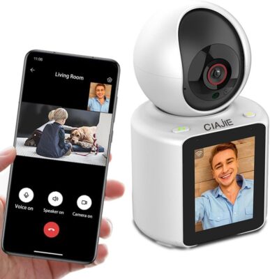 Wifi nanny camera monitoring baby in nursery with 1080p HD video and two-way audio via V380 app.