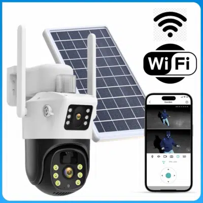 V380 Pro dual lens CCTV camera capturing outdoor security in Nairobi with 4MP resolution and motion tracking.