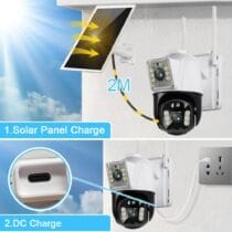 WhatsApp Image 2024 02 09 at 10.09.59 PM This WiFi solar-powered CCTV camera features dual 4MP lenses for comprehensive surveillance, remotely accessible via the V380 Pro app. It offers advanced features like AI human detection, color night vision, and two-way audio, making it ideal for home or business security. It is also suitable for monitoring remote properties like farms or construction sites. 🛠️Key Features: ✅ Dual 4MP lenses for superior imaging ✅ WiFi connectivity for remote access via V380 Pro App ✅ Full-color and infrared night vision up to 20 meters ✅ 355° horizontal and 90° vertical PTZ rotation ✅ PIR motion detection with tracking and audio alarm ✅ IP66 waterproof rating for outdoor durability ✅ Two-way audio communication ✅ Supports SD card (up to 128GB) and cloud storage ✅ 10000mAh rechargeable battery with 24-28 hours standby ✅ Powered by a free solar panel ⬇️SCROLL DOWN TO SEE DESCRIPTION⬇️