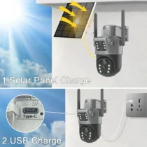 dual solar cctv This WiFi solar-powered CCTV camera features dual 4MP lenses for comprehensive surveillance, remotely accessible via the V380 Pro app. It offers advanced features like AI human detection, color night vision, and two-way audio, making it ideal for home or business security. It is also suitable for monitoring remote properties like farms or construction sites. 🛠️Key Features: ✅ Dual 4MP lenses for superior imaging ✅ WiFi connectivity for remote access via V380 Pro App ✅ Full-color and infrared night vision up to 20 meters ✅ 355° horizontal and 90° vertical PTZ rotation ✅ PIR motion detection with tracking and audio alarm ✅ IP66 waterproof rating for outdoor durability ✅ Two-way audio communication ✅ Supports SD card (up to 128GB) and cloud storage ✅ 10000mAh rechargeable battery with 24-28 hours standby ✅ Powered by a free solar panel ⬇️SCROLL DOWN TO SEE DESCRIPTION⬇️