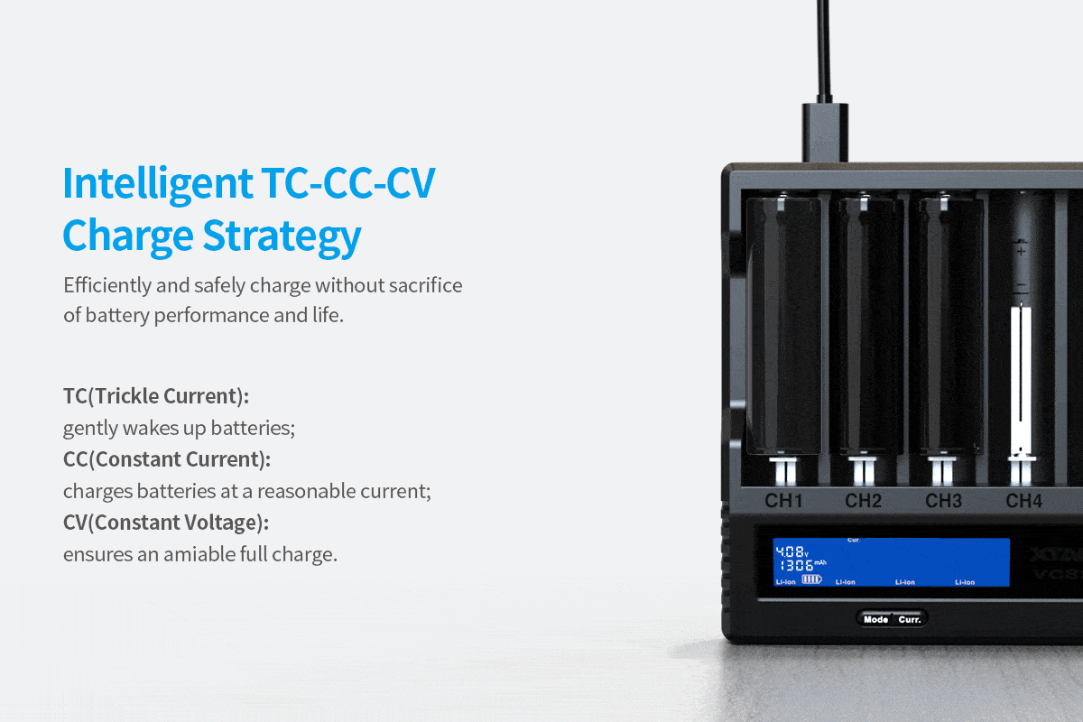 xtra vc8 lithium batteries charger 2 The XTAR VC8s is a versatile 8-slot battery charger featuring USB-C input and a maximum 3A fast charging capability. It tests battery capacity, storage voltage, and internal resistance, while offering multiple protection mechanisms for safe charging. This charger is ideal for 3.6V/3.7V Li-ion and 1.2V Ni-MH batteries, and is suitable for devices like flashlights, microphones, and drones. 🛠️Key Features: ✅ Charges up to 8 batteries simultaneously.
✅ Supports 3.6V/3.7V Li-ion and 1.2V Ni-MH batteries.
✅ USB C input with 3A maximum fast charging.
✅ Performs real capacity, storage voltage, and internal resistance tests.
✅ Features multiple protection mechanisms for safety.
✅ Offers higher battery recovery rate.
✅ LCD display shows charging status.
✅ Charges common battery sizes like 18650 and 21700. ⬇️SCROLL DOWN TO SEE DESCRIPTION⬇️