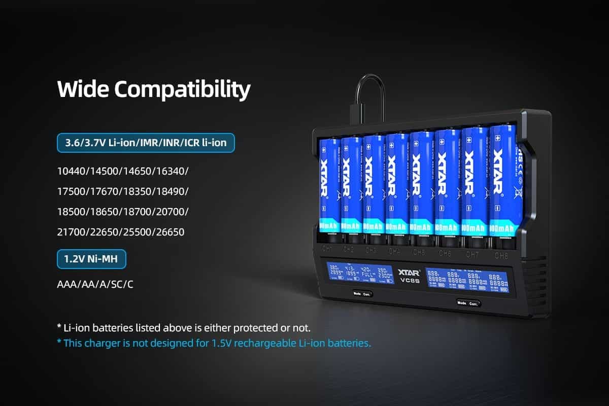 xtra vc8 lithium batteries charger 4 The XTAR VC8s is a versatile 8-slot battery charger featuring USB-C input and a maximum 3A fast charging capability. It tests battery capacity, storage voltage, and internal resistance, while offering multiple protection mechanisms for safe charging. This charger is ideal for 3.6V/3.7V Li-ion and 1.2V Ni-MH batteries, and is suitable for devices like flashlights, microphones, and drones. 🛠️Key Features: ✅ Charges up to 8 batteries simultaneously.
✅ Supports 3.6V/3.7V Li-ion and 1.2V Ni-MH batteries.
✅ USB C input with 3A maximum fast charging.
✅ Performs real capacity, storage voltage, and internal resistance tests.
✅ Features multiple protection mechanisms for safety.
✅ Offers higher battery recovery rate.
✅ LCD display shows charging status.
✅ Charges common battery sizes like 18650 and 21700. ⬇️SCROLL DOWN TO SEE DESCRIPTION⬇️