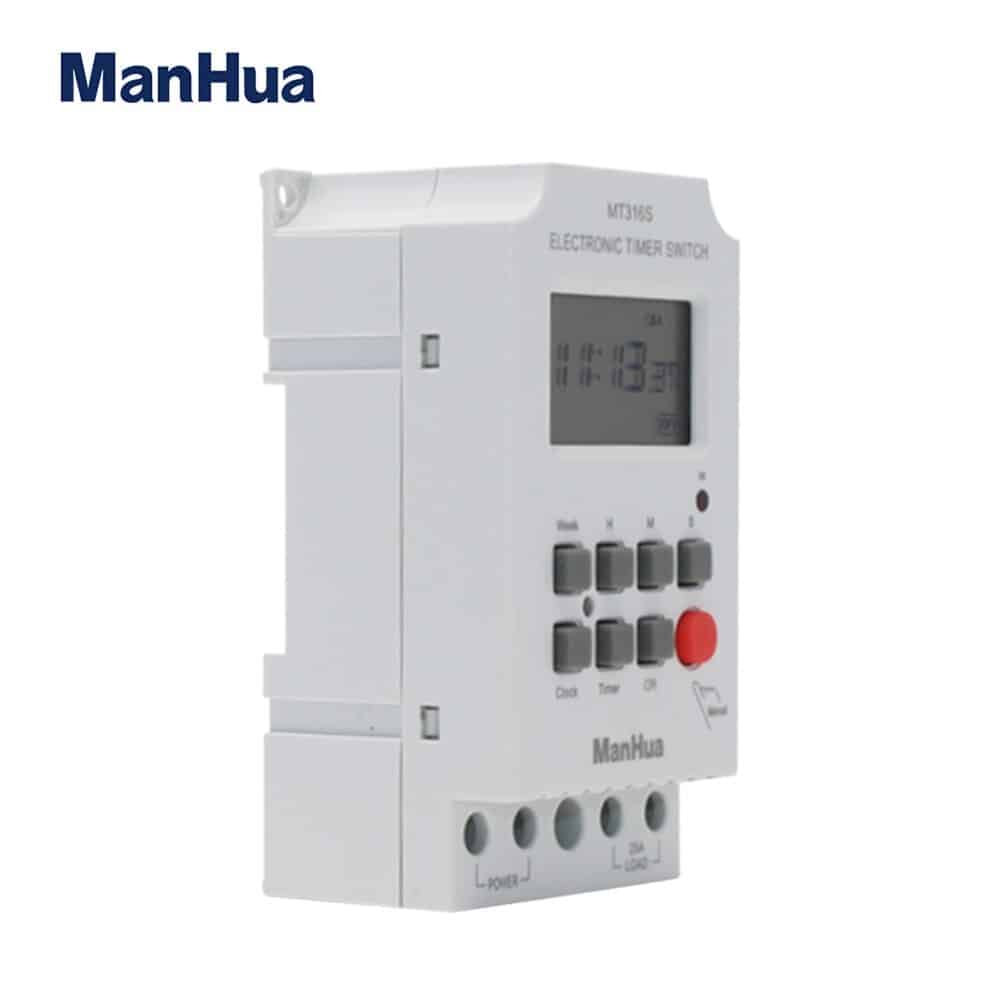 ManHua MT316S AC Timer Switch with seconds | 25A 220VAC DIN Rail Programmable for Lighting, Irrigation, School Bells, Industrial Machinery - 1 Sec to 168 Hrs Timing, 28 On/Off Settings 4 ManHua MT316S Programmable Digital Timer Switch for DIN Rail 220VAC 25A 1 Automate your electrical devices with the ManHua MT316S digital timer switch. This compact unit allows for precise ON/OFF scheduling of lighting, HVAC, irrigation, and industrial machinery, enhancing energy efficiency. Its DIN rail mount design and 25A capacity make it suitable for a wide range of applications, including security lighting, school bells, and home automation. ๐ ๏ธKey Features: โ
Programmable digital timer switch for 220VAC systems โ
Handles up to 25A controlled power โ
Wide timing range from 1 second to 168 hours โ
High time accuracy of 1s/24h at 25โ โ
Supports up to 28 set times per day/week โ
3 years of power-off memory retention โ
Low power consumption of less than 2W โ
Features an easy-to-read LCD display โ
Mini type, ideal for DIN rail mounting โ
Built with a reliable 3V CR2450 lithium battery โฌ๏ธSCROLL DOWN TO SEE DESCRIPTIONโฌ๏ธ