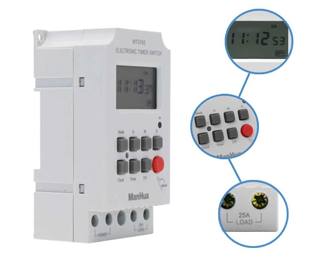 ManHua MT316S AC Timer Switch with seconds | 25A 220VAC DIN Rail Programmable for Lighting, Irrigation, School Bells, Industrial Machinery - 1 Sec to 168 Hrs Timing, 28 On/Off Settings 3 ManHua MT316S Programmable Digital Timer Switch for DIN Rail 220VAC 25A 6 e1726519877648 Automate your electrical devices with the ManHua MT316S digital timer switch. This compact unit allows for precise ON/OFF scheduling of lighting, HVAC, irrigation, and industrial machinery, enhancing energy efficiency. Its DIN rail mount design and 25A capacity make it suitable for a wide range of applications, including security lighting, school bells, and home automation. ๐ ๏ธKey Features: โ
Programmable digital timer switch for 220VAC systems โ
Handles up to 25A controlled power โ
Wide timing range from 1 second to 168 hours โ
High time accuracy of 1s/24h at 25โ โ
Supports up to 28 set times per day/week โ
3 years of power-off memory retention โ
Low power consumption of less than 2W โ
Features an easy-to-read LCD display โ
Mini type, ideal for DIN rail mounting โ
Built with a reliable 3V CR2450 lithium battery โฌ๏ธSCROLL DOWN TO SEE DESCRIPTIONโฌ๏ธ