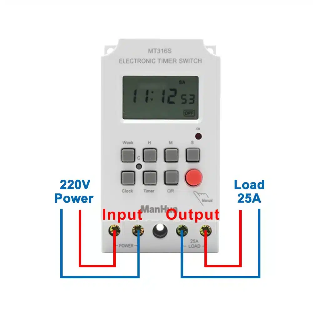 ManHua MT316S AC Timer Switch with seconds | 25A 220VAC DIN Rail Programmable for Lighting, Irrigation, School Bells, Industrial Machinery - 1 Sec to 168 Hrs Timing, 28 On/Off Settings 2 ManHua MT316S Programmable Digital Timer Switch for DIN Rail 220VAC 25A 6 Automate your electrical devices with the ManHua MT316S digital timer switch. This compact unit allows for precise ON/OFF scheduling of lighting, HVAC, irrigation, and industrial machinery, enhancing energy efficiency. Its DIN rail mount design and 25A capacity make it suitable for a wide range of applications, including security lighting, school bells, and home automation. ๐ ๏ธKey Features: โ
Programmable digital timer switch for 220VAC systems โ
Handles up to 25A controlled power โ
Wide timing range from 1 second to 168 hours โ
High time accuracy of 1s/24h at 25โ โ
Supports up to 28 set times per day/week โ
3 years of power-off memory retention โ
Low power consumption of less than 2W โ
Features an easy-to-read LCD display โ
Mini type, ideal for DIN rail mounting โ
Built with a reliable 3V CR2450 lithium battery โฌ๏ธSCROLL DOWN TO SEE DESCRIPTIONโฌ๏ธ