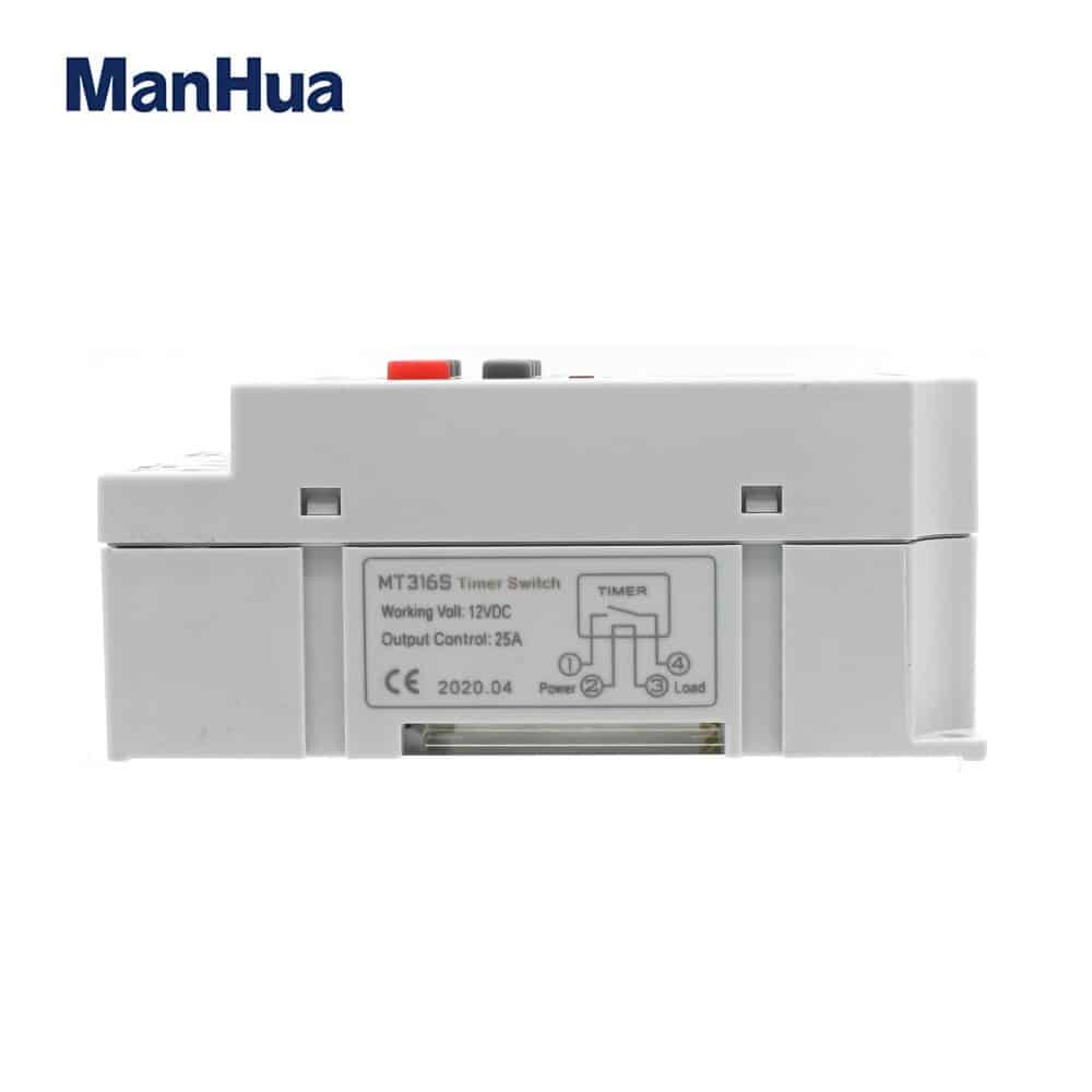 Manhua MT316S 12V DC Timer Switch with seconds | Automate Lighting, Solar, Irrigation, Motors | Daily/Weekly Cycle Control 6 Manhua MT316S 12 v Volt Electronic Delay Cycle DC Timer Switch 1 Automate your low-voltage electrical systems with the Manhua MT316s 12V DC Digital Timer Switch. Ideal for lighting, solar heating, irrigation, and motors, this switch offers daily or weekly ON/OFF programming for precise control. It features a 25A 60VDC control output and up to 28 ON/OFF settings per day, making it perfect for solar power systems, irrigation, and lighting automation. ๐ ๏ธKey Features: โ
Model Number: MT316s โ
Voltage: 12VDC โ
Control Output: 25A 60VDC (resistive load) โ
Max Switching Time: 28 ON/OFF per day โ
Mechanical Life: โค3000,000 times โ
Internal Battery: 1.2VDC/40mAh rechargeable (3-year life) โ
Timing Error: โค0.2s/day โ
Temperature Range: -25โ to 60โ โ
Display: LCD โ
Brand: Manhua โฌ๏ธSCROLL DOWN TO SEE DESCRIPTIONโฌ๏ธ