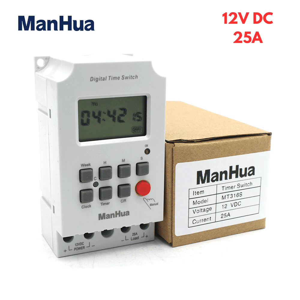 Manhua MT316S 12V DC Timer Switch with seconds | Automate Lighting, Solar, Irrigation, Motors | Daily/Weekly Cycle Control 4 Manhua MT316S 12 v Volt Electronic Delay Cycle DC Timer Switch 3 Automate your low-voltage electrical systems with the Manhua MT316s 12V DC Digital Timer Switch. Ideal for lighting, solar heating, irrigation, and motors, this switch offers daily or weekly ON/OFF programming for precise control. It features a 25A 60VDC control output and up to 28 ON/OFF settings per day, making it perfect for solar power systems, irrigation, and lighting automation. ๐ ๏ธKey Features: โ
Model Number: MT316s โ
Voltage: 12VDC โ
Control Output: 25A 60VDC (resistive load) โ
Max Switching Time: 28 ON/OFF per day โ
Mechanical Life: โค3000,000 times โ
Internal Battery: 1.2VDC/40mAh rechargeable (3-year life) โ
Timing Error: โค0.2s/day โ
Temperature Range: -25โ to 60โ โ
Display: LCD โ
Brand: Manhua โฌ๏ธSCROLL DOWN TO SEE DESCRIPTIONโฌ๏ธ