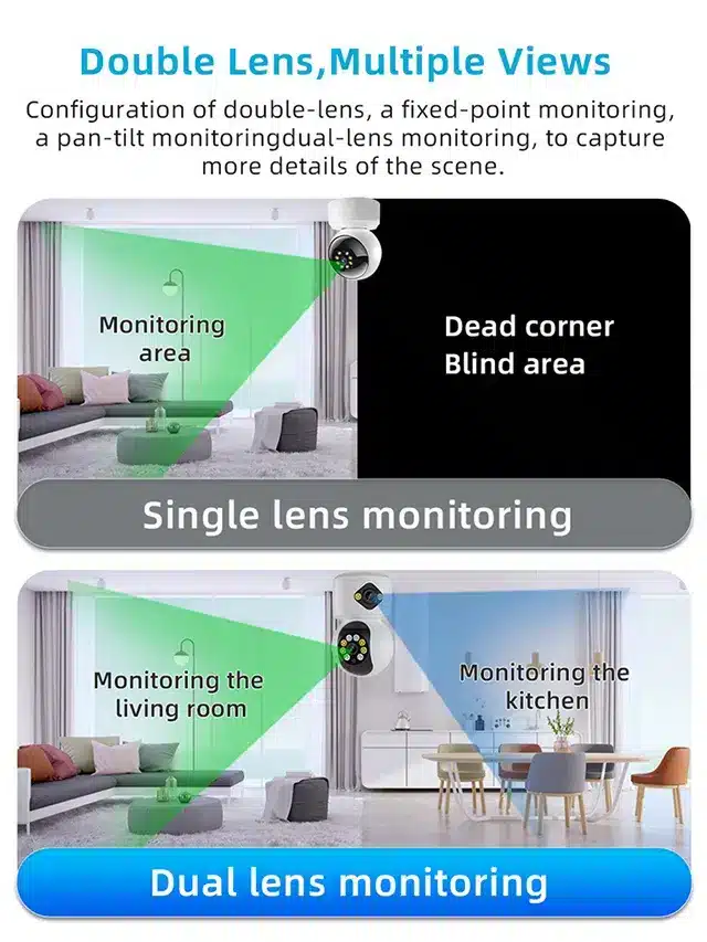 Wifi Dual Lens baby monitor baby monitor nanny CCTV Camera with Human Detection survaillance camera for home 1 Monitor your home effectively with this 6MP dual-lens Wi-Fi CCTV camera, viewable from anywhere via the iCsee app. It offers two-way audio, night vision, and motion tracking, making it ideal for baby monitoring, pet care, or home security. This camera supports up to 128GB micro SD cards or cloud storage for your footage.
🛠️Key Features: ✅ Features dual lenses for monitoring two sides simultaneously.
✅ Offers split-screen footage viewable on your smartphone.
✅ Remote control of camera rotation from anywhere globally.
✅ Automatic motion tracking to follow moving subjects.
✅ Integrated microphone and speaker for two-way audio communication.
✅ Supports micro SD card (up to 128GB) and cloud storage options.
✅ Provides clear night vision with infrared and white lights.
✅ Captures footage in color or black and white.
✅ Allows connection to more than 5 phones for shared access. ⬇️SCROLL DOWN TO SEE DESCRIPTION⬇️