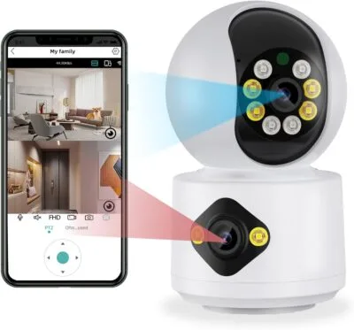 Dual lens 6MP baby monitor displaying split-screen view on icSee app for real-time nursery monitoring.