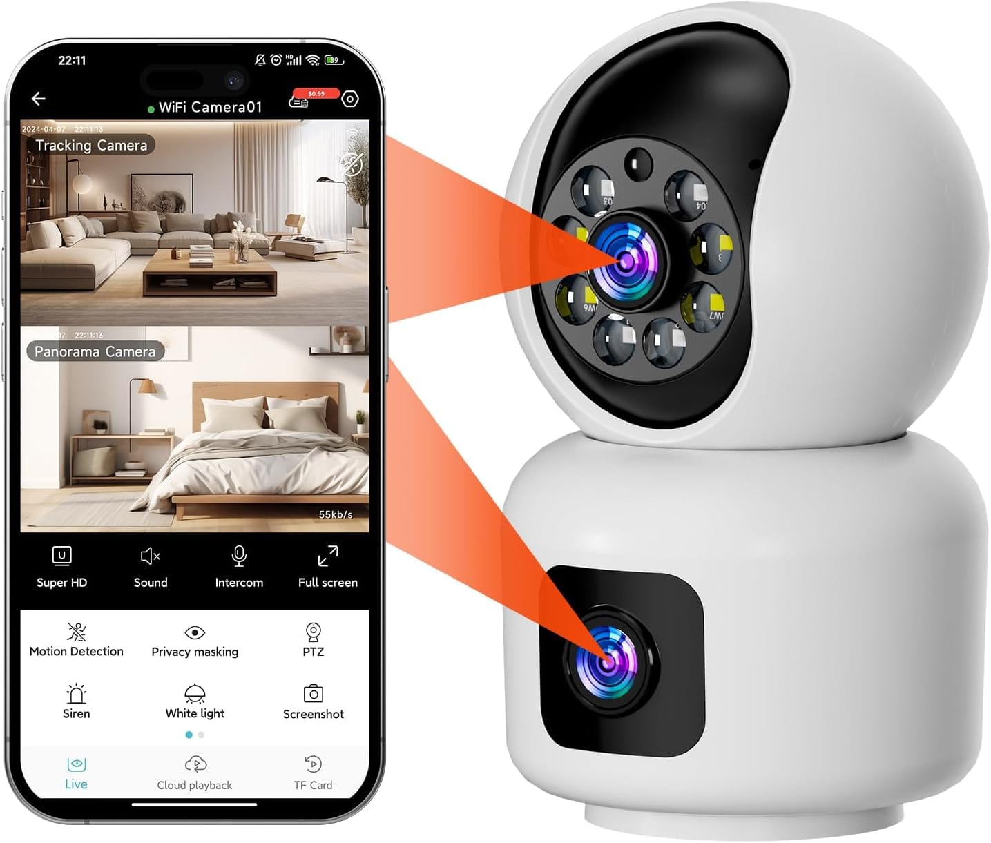 Wifi Dual Lens baby monitor baby monitor nanny CCTV Camera with Human Detection survaillance camera for home 3 1 Monitor your home effectively with this 6MP dual-lens Wi-Fi CCTV camera, viewable from anywhere via the iCsee app. It offers two-way audio, night vision, and motion tracking, making it ideal for baby monitoring, pet care, or home security. This camera supports up to 128GB micro SD cards or cloud storage for your footage.
🛠️Key Features: ✅ Features dual lenses for monitoring two sides simultaneously.
✅ Offers split-screen footage viewable on your smartphone.
✅ Remote control of camera rotation from anywhere globally.
✅ Automatic motion tracking to follow moving subjects.
✅ Integrated microphone and speaker for two-way audio communication.
✅ Supports micro SD card (up to 128GB) and cloud storage options.
✅ Provides clear night vision with infrared and white lights.
✅ Captures footage in color or black and white.
✅ Allows connection to more than 5 phones for shared access. ⬇️SCROLL DOWN TO SEE DESCRIPTION⬇️