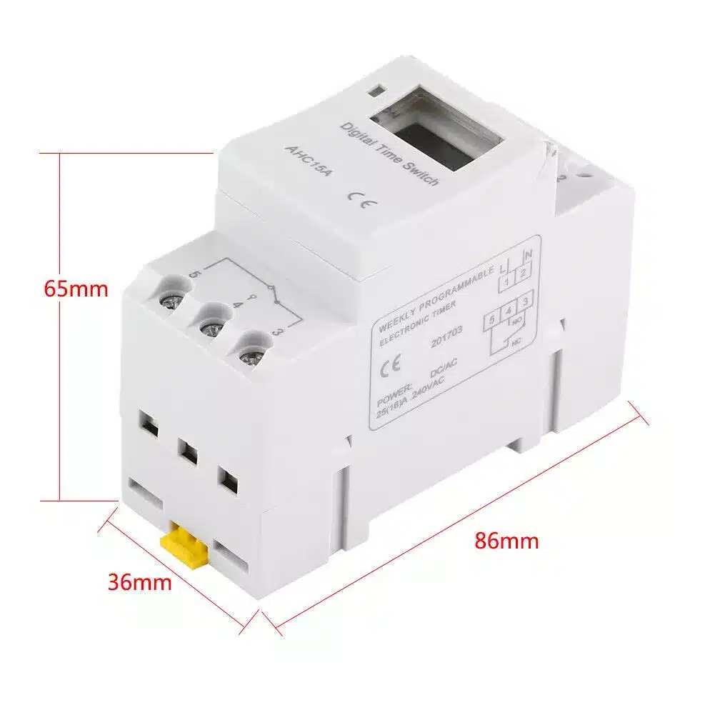 ManHua MT15 Digital Timer Switch - 16A Dual Control Relay for Lights, Bells, Fridges, Security Systems - Weekly/Daily Automation 10 ManHua MT15 Digital Timer Switch relay switch for automation 16A 240VAC 2 Automate your electrical devices with the ManHua MT15 Digital Timer Switch. This plug-and-play 16A programmable relay allows for hourly, daily, or weekly scheduling with up to 16 ON/OFF groups per day. It features dual control functionality and is suitable for a wide range of applications including home lighting, school bells, and agricultural pumps.🛠️Key Features: ✅ 16A Max Current capacity for reliable operation.✅ Hourly, Daily, and Weekly programming options for flexible automation.✅ Up to 16 ON/OFF groups per day for precise scheduling.✅ Simple plug-and-play installation, no electrician required.✅ Large LCD display for easy viewing and settings adjustment.✅ Low power consumption of ≤2W for energy efficiency.✅ Accurate timing with 1 second/day error correction.✅ Dual control terminals (3, 4, and 5) for independent device management.✅ Compatible with ≤48VDC, 110VAC ±15%, and 220VAC ±15% voltages.✅ Ideal for automating lights, pumps, heaters, school bells, and security systems. ⬇️SCROLL DOWN TO SEE DESCRIPTION⬇️