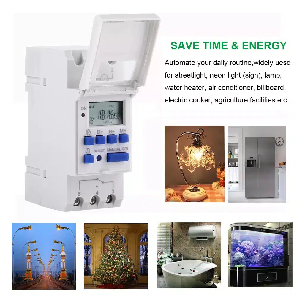 ManHua MT15 Digital Timer Switch - 16A Dual Control Relay for Lights, Bells, Fridges, Security Systems - Weekly/Daily Automation 6 ManHua MT15 Digital Timer Switch relay switch for automation 16A 240VAC 3 Automate your electrical devices with the ManHua MT15 Digital Timer Switch. This plug-and-play 16A programmable relay allows for hourly, daily, or weekly scheduling with up to 16 ON/OFF groups per day. It features dual control functionality and is suitable for a wide range of applications including home lighting, school bells, and agricultural pumps.🛠️Key Features: ✅ 16A Max Current capacity for reliable operation.✅ Hourly, Daily, and Weekly programming options for flexible automation.✅ Up to 16 ON/OFF groups per day for precise scheduling.✅ Simple plug-and-play installation, no electrician required.✅ Large LCD display for easy viewing and settings adjustment.✅ Low power consumption of ≤2W for energy efficiency.✅ Accurate timing with 1 second/day error correction.✅ Dual control terminals (3, 4, and 5) for independent device management.✅ Compatible with ≤48VDC, 110VAC ±15%, and 220VAC ±15% voltages.✅ Ideal for automating lights, pumps, heaters, school bells, and security systems. ⬇️SCROLL DOWN TO SEE DESCRIPTION⬇️