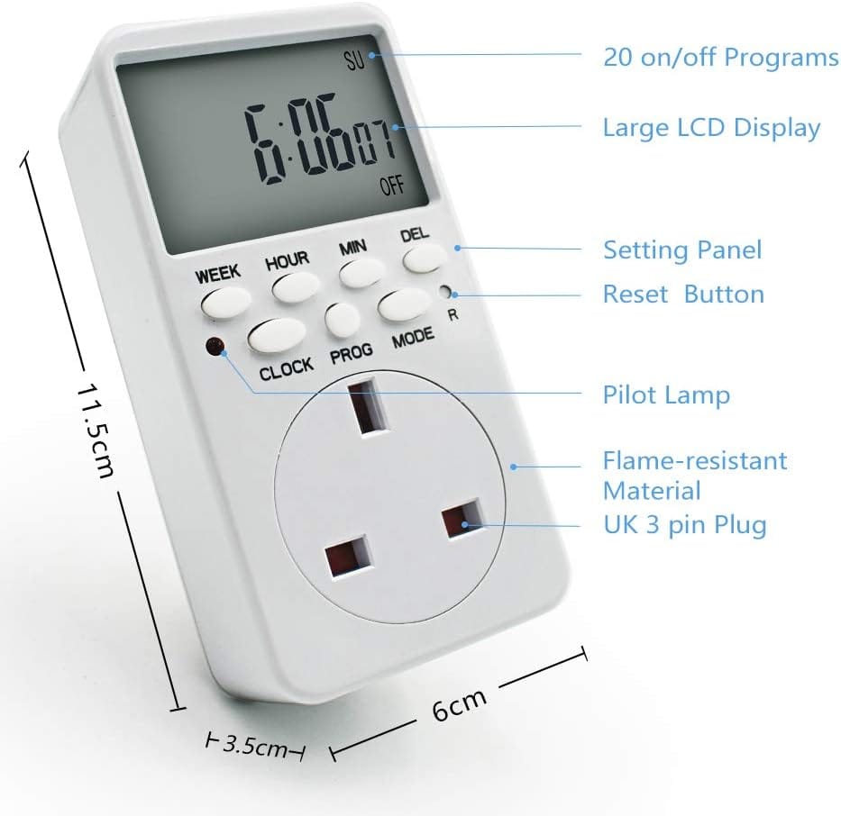 Manhua 16A Programmable Timer Plug Socket – Plug Play Timer for Lights Fridge School Bells 1 Automate your appliances effortlessly with the Manhua 16A Programmable Timer Plug. This plug-and-play device allows for hourly, daily, or weekly scheduling of various appliances. It's ideal for homes, schools, shops, and farms, offering easy control and energy savings. Popular uses include scheduling lights, fridges, and school bells.
🛠️Key Features: ✅ Automate with hourly, daily, or weekly schedules.
✅ Simple plug-and-play setup, no tools required.
✅ Ideal for automating school bells and class changes.
✅ Controls lights, fridges, fans, Wi-Fi routers, and more.
✅ Silent operation with no ticking or clicking.
✅ Built-in memory backup for settings during power cuts.
✅ 16A capacity suits most home and office devices.
✅ Easy-to-read LCD screen for quick programming. ⬇️SCROLL DOWN TO SEE DESCRIPTION⬇️