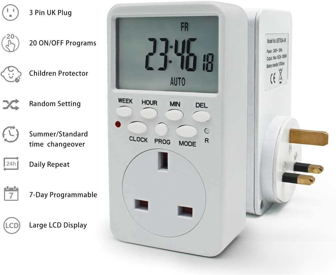 Manhua 16A Programmable Timer Plug Socket – Plug Play Timer for Lights Fridge School Bells 3 Automate your appliances effortlessly with the Manhua 16A Programmable Timer Plug. This plug-and-play device allows for hourly, daily, or weekly scheduling of various appliances. It's ideal for homes, schools, shops, and farms, offering easy control and energy savings. Popular uses include scheduling lights, fridges, and school bells.
🛠️Key Features: ✅ Automate with hourly, daily, or weekly schedules.
✅ Simple plug-and-play setup, no tools required.
✅ Ideal for automating school bells and class changes.
✅ Controls lights, fridges, fans, Wi-Fi routers, and more.
✅ Silent operation with no ticking or clicking.
✅ Built-in memory backup for settings during power cuts.
✅ 16A capacity suits most home and office devices.
✅ Easy-to-read LCD screen for quick programming. ⬇️SCROLL DOWN TO SEE DESCRIPTION⬇️