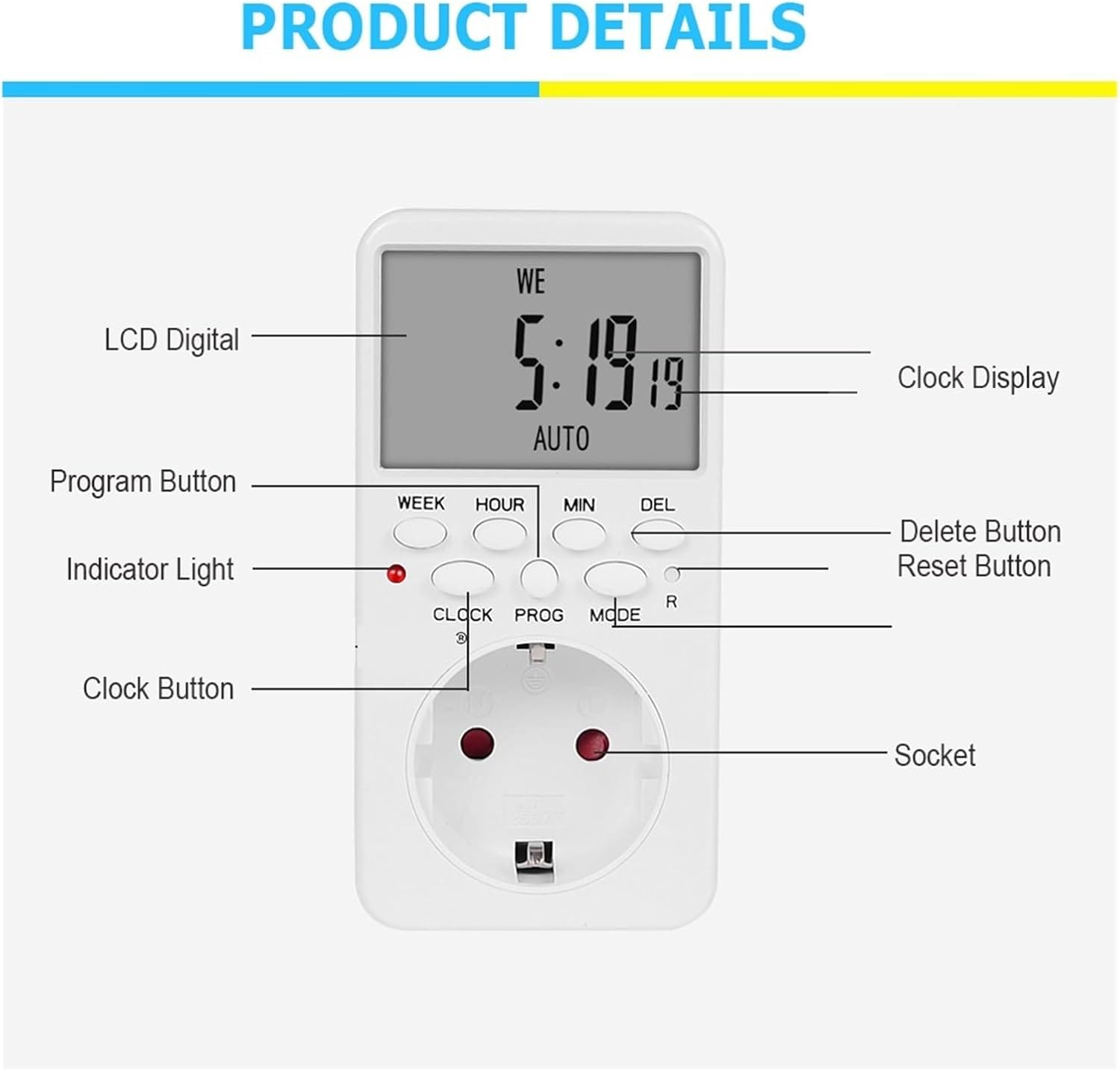 Manhua 16A Programmable Timer Plug Socket – Plug Play Timer for Lights Fridge School Bells 4 Automate your appliances effortlessly with the Manhua 16A Programmable Timer Plug. This plug-and-play device allows for hourly, daily, or weekly scheduling of various appliances. It's ideal for homes, schools, shops, and farms, offering easy control and energy savings. Popular uses include scheduling lights, fridges, and school bells.
🛠️Key Features: ✅ Automate with hourly, daily, or weekly schedules.
✅ Simple plug-and-play setup, no tools required.
✅ Ideal for automating school bells and class changes.
✅ Controls lights, fridges, fans, Wi-Fi routers, and more.
✅ Silent operation with no ticking or clicking.
✅ Built-in memory backup for settings during power cuts.
✅ 16A capacity suits most home and office devices.
✅ Easy-to-read LCD screen for quick programming. ⬇️SCROLL DOWN TO SEE DESCRIPTION⬇️
