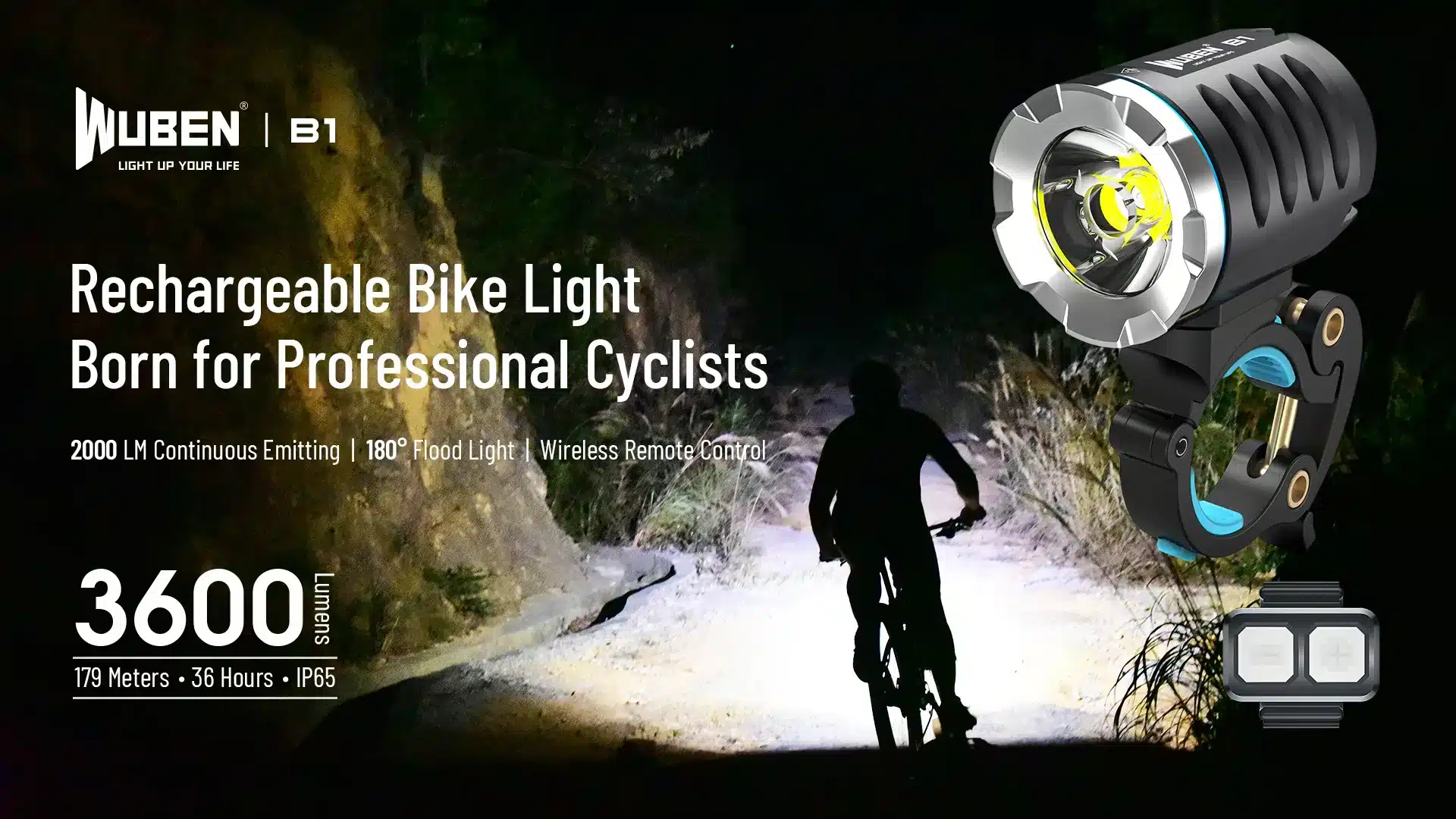 01 04f6c120 c69f 4c55 a29f 33064bf9ec3d Illuminate your ride with the WUBEN B1, a powerful rechargeable bicycle light boasting 3600 lumens and a 179-meter beam throw. Its IP65 waterproof build and wireless remote offer convenience and reliability in all conditions. Ideal for night riding, commuting, and security patrols.
🛠️Key Features:: ✅ Super Bright 3600 Lumens Output
✅ Long Beam Throw – 179 Metres
✅ 180° Wide Beam Spread
✅ Wireless Remote Controller
✅ 6600mAh Rechargeable Battery
✅ IP65 Waterproof
✅ Five Lighting Modes
✅ Lightweight and Portable – 164g
✅ 1m Drop Resistance ⬇️SCROLL DOWN TO SEE DESCRIPTION⬇️