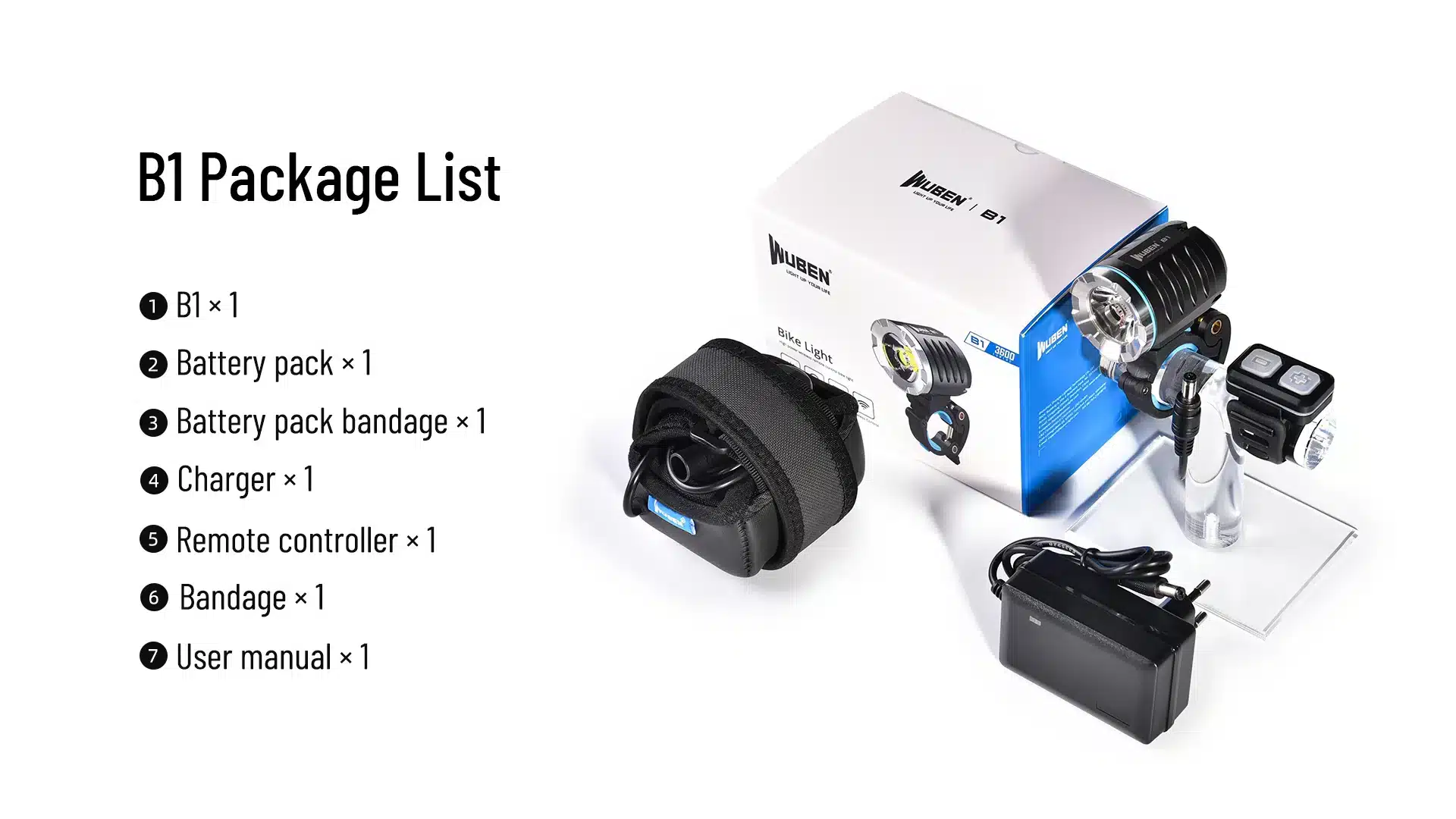 12 1ca22bad 127e 446d 8540 4242b876ca6d Illuminate your ride with the WUBEN B1, a powerful rechargeable bicycle light boasting 3600 lumens and a 179-meter beam throw. Its IP65 waterproof build and wireless remote offer convenience and reliability in all conditions. Ideal for night riding, commuting, and security patrols.
🛠️Key Features:: ✅ Super Bright 3600 Lumens Output
✅ Long Beam Throw – 179 Metres
✅ 180° Wide Beam Spread
✅ Wireless Remote Controller
✅ 6600mAh Rechargeable Battery
✅ IP65 Waterproof
✅ Five Lighting Modes
✅ Lightweight and Portable – 164g
✅ 1m Drop Resistance ⬇️SCROLL DOWN TO SEE DESCRIPTION⬇️