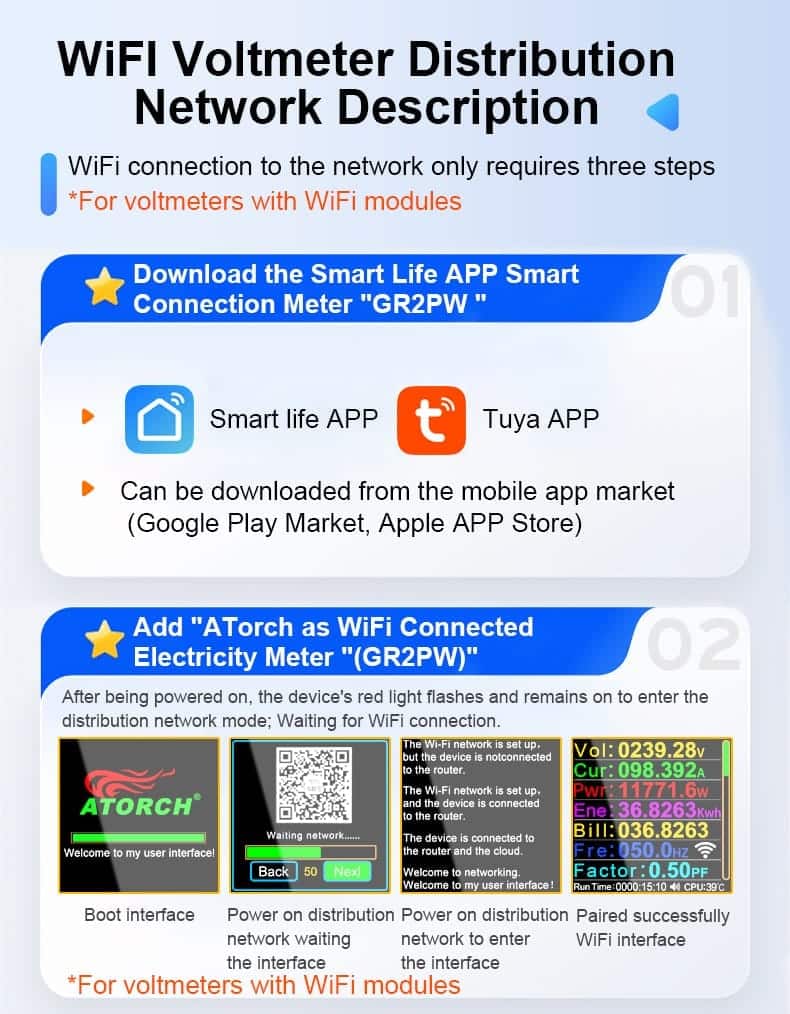 Atorch GR2PWS WiFi Smart Energy Meter Tuya Smartlife APP 100A 3600W 18 The Tuya/Smart Life Smart Energy Meter GR2PWS offers advanced control over your electricity consumption. Monitor real-time usage, track costs, and set automatic power-off thresholds via the Tuya or Smart Life app. This device is ideal for managing energy in rental properties or for optimizing household efficiency, with features like emergency power cut-off for appliance protection. It's perfect for smart home integration, energy bill monitoring, and appliance safety, commonly used in homes and rental units. 🛠️Key Features::: ✅ Real-time monitoring of voltage, current, and power usage. ✅ Historical energy data with daily, weekly, and yearly graphs. ✅ Emergency power cut-off during voltage fluctuations for appliance safety. ✅ Customizable over-voltage and under-voltage safety limits. ✅ Power cost tracking with user-set price per kWh. ✅ Automatic power-off when a set kWh threshold is reached. ✅ Scheduling and timer functions for automatic power control. ✅ Operates reliably in temperatures from -20°C to +60°C. ✅ Connects via 2.4G WiFi for remote app access. ⬇️SCROLL DOWN TO SEE DESCRIPTION⬇️
