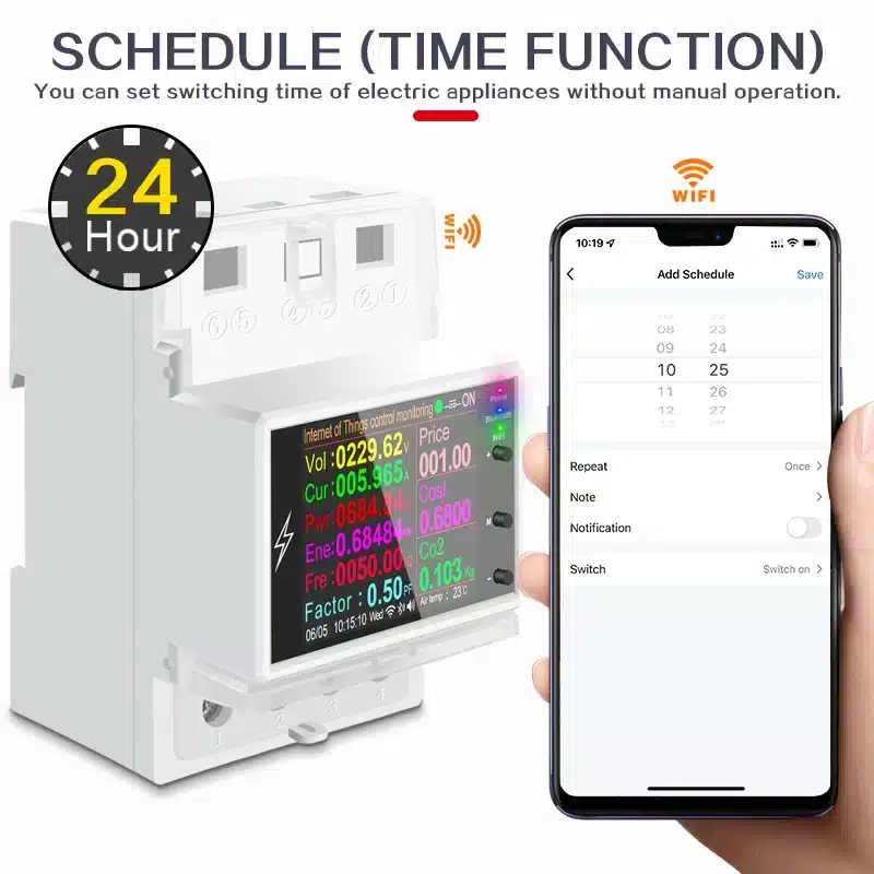 Atorch AT4PB WiFi Smart Energy Meter 10 Monitor and control your electricity usage with the Atorch AT4PW WiFi Smart Energy Meter. This DIN rail mountable device offers real-time tracking of voltage, current, and power consumption up to 26,500W (100A), with remote control via the Smart Life app. It's ideal for smart home automation, energy budgeting, and protecting appliances with overload protection, perfect for homes, businesses, and rental units.
🛠️Key Features: ✅ Real-time monitoring of voltage, current, frequency, power, and energy consumed (kWh).
✅ Remote ON/OFF control of connected loads via WiFi using the Smart Life/Tuya app.
✅ Daily, monthly, and historical energy usage reports for budgeting and cost tracking.
✅ Programmable timers, countdowns, and recurring schedules for automated control.
✅ Built-in overload protection with custom thresholds for voltage, current, and power.
✅ Automatic disconnection of load when limits are exceeded, with beep alarms and display warnings.
✅ Bright 2.4-inch HD LCD color screen displaying system status, date, time, frequency, and power factor.
✅ Standard 35mm DIN rail mounting for secure and professional installation.
✅ Compatible with 2.4GHz WiFi networks only.
✅ Low power consumption of less than 0.3W. ⬇️SCROLL DOWN TO SEE DESCRIPTION⬇️
