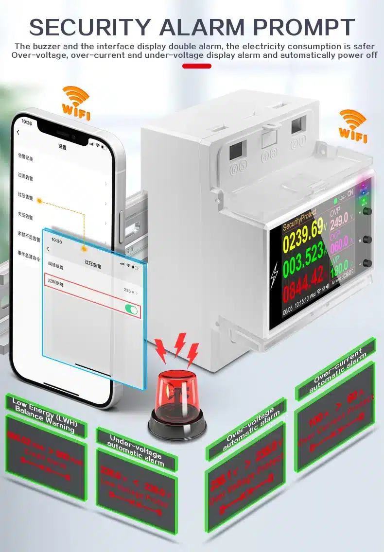 Atorch AT4PB WiFi Smart Energy Meter 5 Monitor and control your electricity usage with the Atorch AT4PW WiFi Smart Energy Meter. This DIN rail mountable device offers real-time tracking of voltage, current, and power consumption up to 26,500W (100A), with remote control via the Smart Life app. It's ideal for smart home automation, energy budgeting, and protecting appliances with overload protection, perfect for homes, businesses, and rental units.
🛠️Key Features: ✅ Real-time monitoring of voltage, current, frequency, power, and energy consumed (kWh).
✅ Remote ON/OFF control of connected loads via WiFi using the Smart Life/Tuya app.
✅ Daily, monthly, and historical energy usage reports for budgeting and cost tracking.
✅ Programmable timers, countdowns, and recurring schedules for automated control.
✅ Built-in overload protection with custom thresholds for voltage, current, and power.
✅ Automatic disconnection of load when limits are exceeded, with beep alarms and display warnings.
✅ Bright 2.4-inch HD LCD color screen displaying system status, date, time, frequency, and power factor.
✅ Standard 35mm DIN rail mounting for secure and professional installation.
✅ Compatible with 2.4GHz WiFi networks only.
✅ Low power consumption of less than 0.3W. ⬇️SCROLL DOWN TO SEE DESCRIPTION⬇️