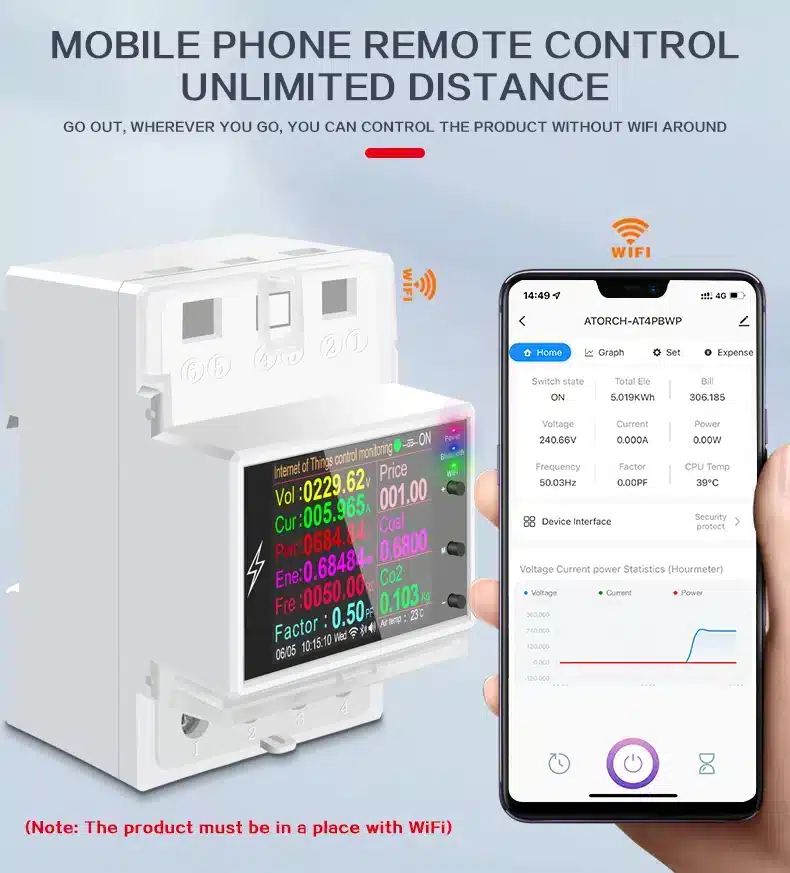 Atorch AT4PB WiFi Smart Energy Meter 6 Monitor and control your electricity usage with the Atorch AT4PW WiFi Smart Energy Meter. This DIN rail mountable device offers real-time tracking of voltage, current, and power consumption up to 26,500W (100A), with remote control via the Smart Life app. It's ideal for smart home automation, energy budgeting, and protecting appliances with overload protection, perfect for homes, businesses, and rental units.
🛠️Key Features: ✅ Real-time monitoring of voltage, current, frequency, power, and energy consumed (kWh).
✅ Remote ON/OFF control of connected loads via WiFi using the Smart Life/Tuya app.
✅ Daily, monthly, and historical energy usage reports for budgeting and cost tracking.
✅ Programmable timers, countdowns, and recurring schedules for automated control.
✅ Built-in overload protection with custom thresholds for voltage, current, and power.
✅ Automatic disconnection of load when limits are exceeded, with beep alarms and display warnings.
✅ Bright 2.4-inch HD LCD color screen displaying system status, date, time, frequency, and power factor.
✅ Standard 35mm DIN rail mounting for secure and professional installation.
✅ Compatible with 2.4GHz WiFi networks only.
✅ Low power consumption of less than 0.3W. ⬇️SCROLL DOWN TO SEE DESCRIPTION⬇️