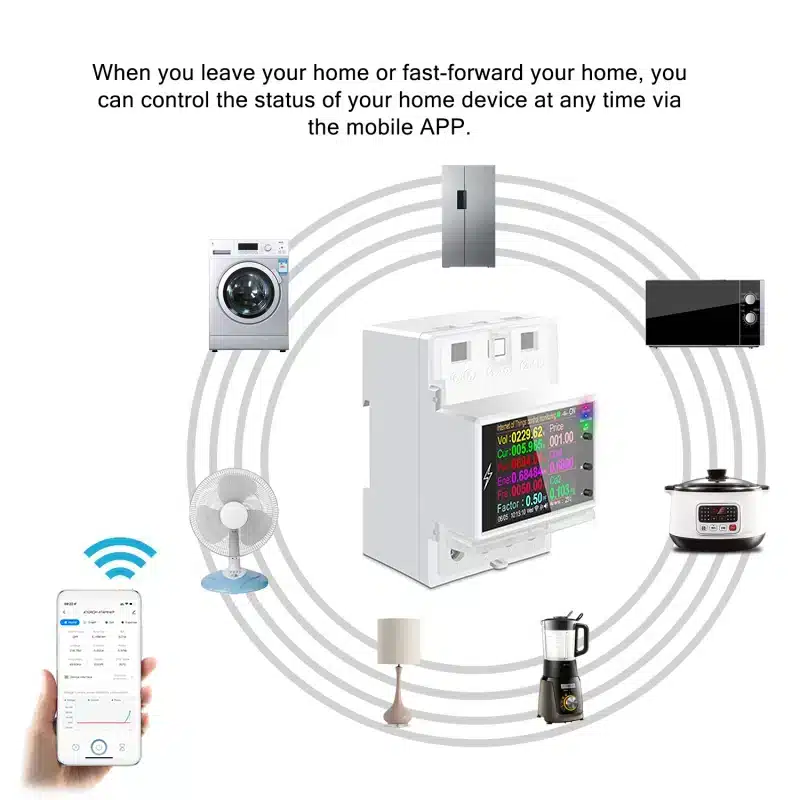 S50bdb9bfbe454a73a9e5fc99b82974b3f Monitor and control your electricity usage with the Atorch AT4PW WiFi Smart Energy Meter. This DIN rail mountable device offers real-time tracking of voltage, current, and power consumption up to 26,500W (100A), with remote control via the Smart Life app. It's ideal for smart home automation, energy budgeting, and protecting appliances with overload protection, perfect for homes, businesses, and rental units.
🛠️Key Features: ✅ Real-time monitoring of voltage, current, frequency, power, and energy consumed (kWh).
✅ Remote ON/OFF control of connected loads via WiFi using the Smart Life/Tuya app.
✅ Daily, monthly, and historical energy usage reports for budgeting and cost tracking.
✅ Programmable timers, countdowns, and recurring schedules for automated control.
✅ Built-in overload protection with custom thresholds for voltage, current, and power.
✅ Automatic disconnection of load when limits are exceeded, with beep alarms and display warnings.
✅ Bright 2.4-inch HD LCD color screen displaying system status, date, time, frequency, and power factor.
✅ Standard 35mm DIN rail mounting for secure and professional installation.
✅ Compatible with 2.4GHz WiFi networks only.
✅ Low power consumption of less than 0.3W. ⬇️SCROLL DOWN TO SEE DESCRIPTION⬇️