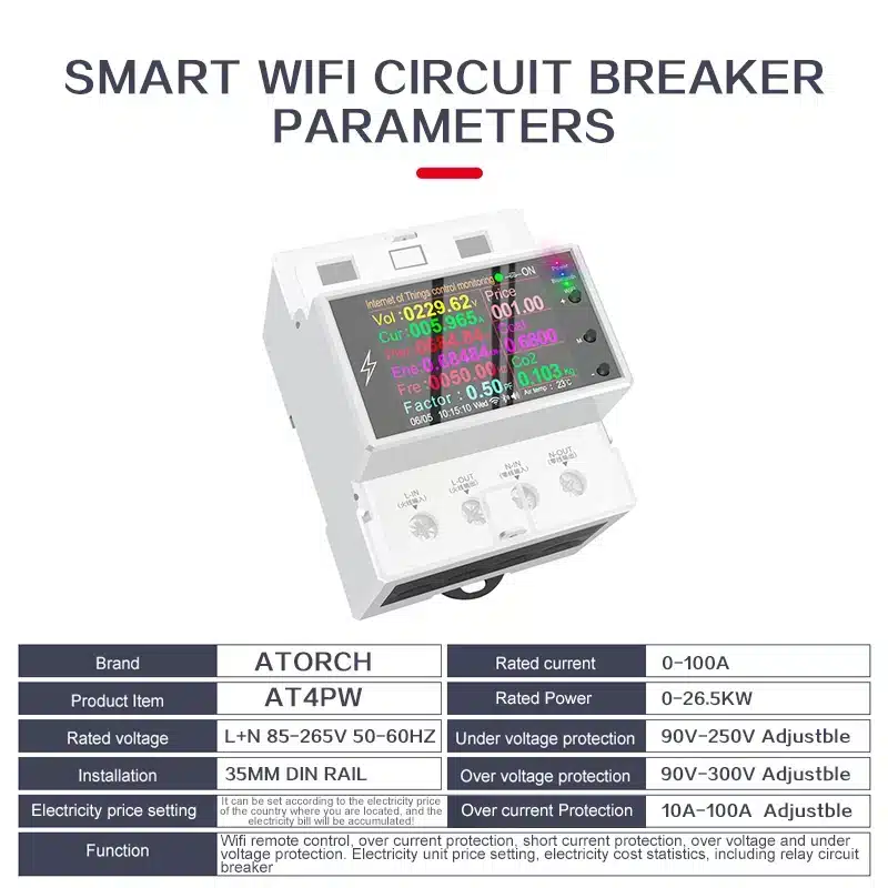 Sf4d5553020f340f68f6f4a5df6d6d155V Monitor and control your electricity usage with the Atorch AT4PW WiFi Smart Energy Meter. This DIN rail mountable device offers real-time tracking of voltage, current, and power consumption up to 26,500W (100A), with remote control via the Smart Life app. It's ideal for smart home automation, energy budgeting, and protecting appliances with overload protection, perfect for homes, businesses, and rental units.
🛠️Key Features: ✅ Real-time monitoring of voltage, current, frequency, power, and energy consumed (kWh).
✅ Remote ON/OFF control of connected loads via WiFi using the Smart Life/Tuya app.
✅ Daily, monthly, and historical energy usage reports for budgeting and cost tracking.
✅ Programmable timers, countdowns, and recurring schedules for automated control.
✅ Built-in overload protection with custom thresholds for voltage, current, and power.
✅ Automatic disconnection of load when limits are exceeded, with beep alarms and display warnings.
✅ Bright 2.4-inch HD LCD color screen displaying system status, date, time, frequency, and power factor.
✅ Standard 35mm DIN rail mounting for secure and professional installation.
✅ Compatible with 2.4GHz WiFi networks only.
✅ Low power consumption of less than 0.3W. ⬇️SCROLL DOWN TO SEE DESCRIPTION⬇️